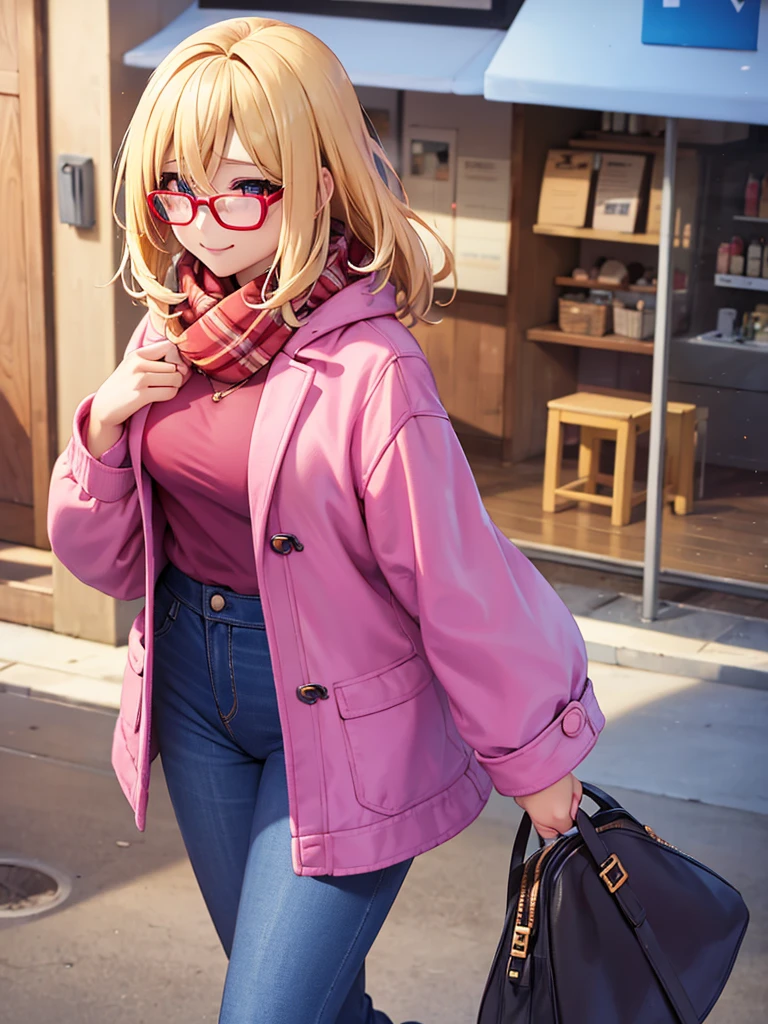 season in winter, urban area, in the morning.a one beauty woman, blond bob hair, glasses, tops is fashionable pink coat, a muffler around the neck, bottoms is denim jeans pants, (sexy::1.2) smile.