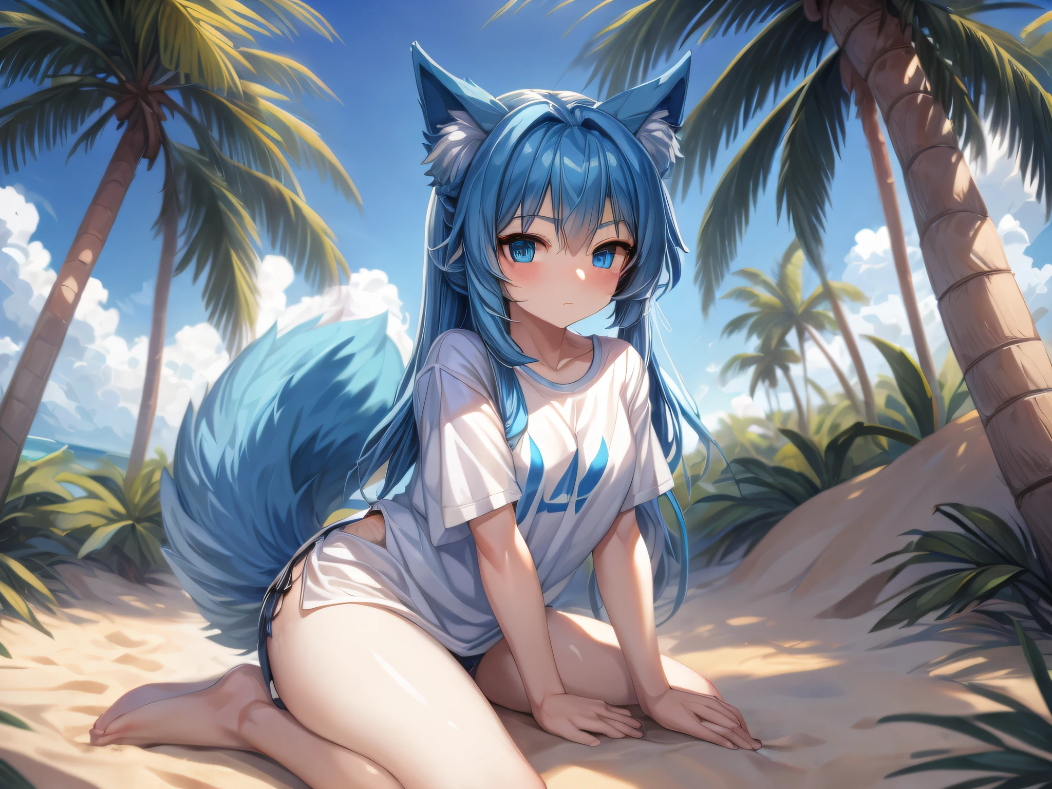 (Masterpiece) (High Detail) (High Res) A short ite humanoid girl with pale skin and blue eyes and long blue hair and blue dog ears and a big fluffy dog tail is sat against a palm tree alone on a small desert island. Wearing only an oversized white t-shirt which is dusty dirty and ripped a little. Her hair is messy. She is dirty.