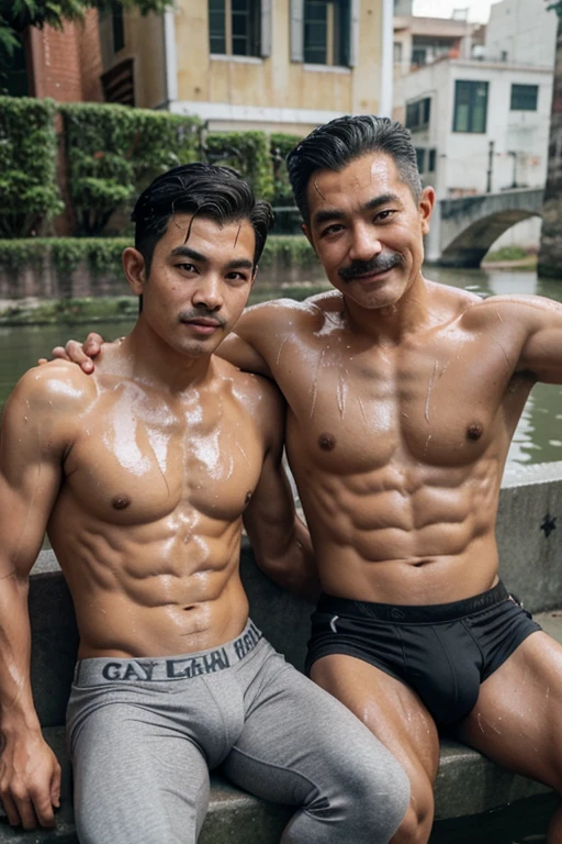 Two young Thai grandfathers with gray hair, gray mustaches, muscular bodies, bulging crotches, wet with sweat, are sitting along the canal.