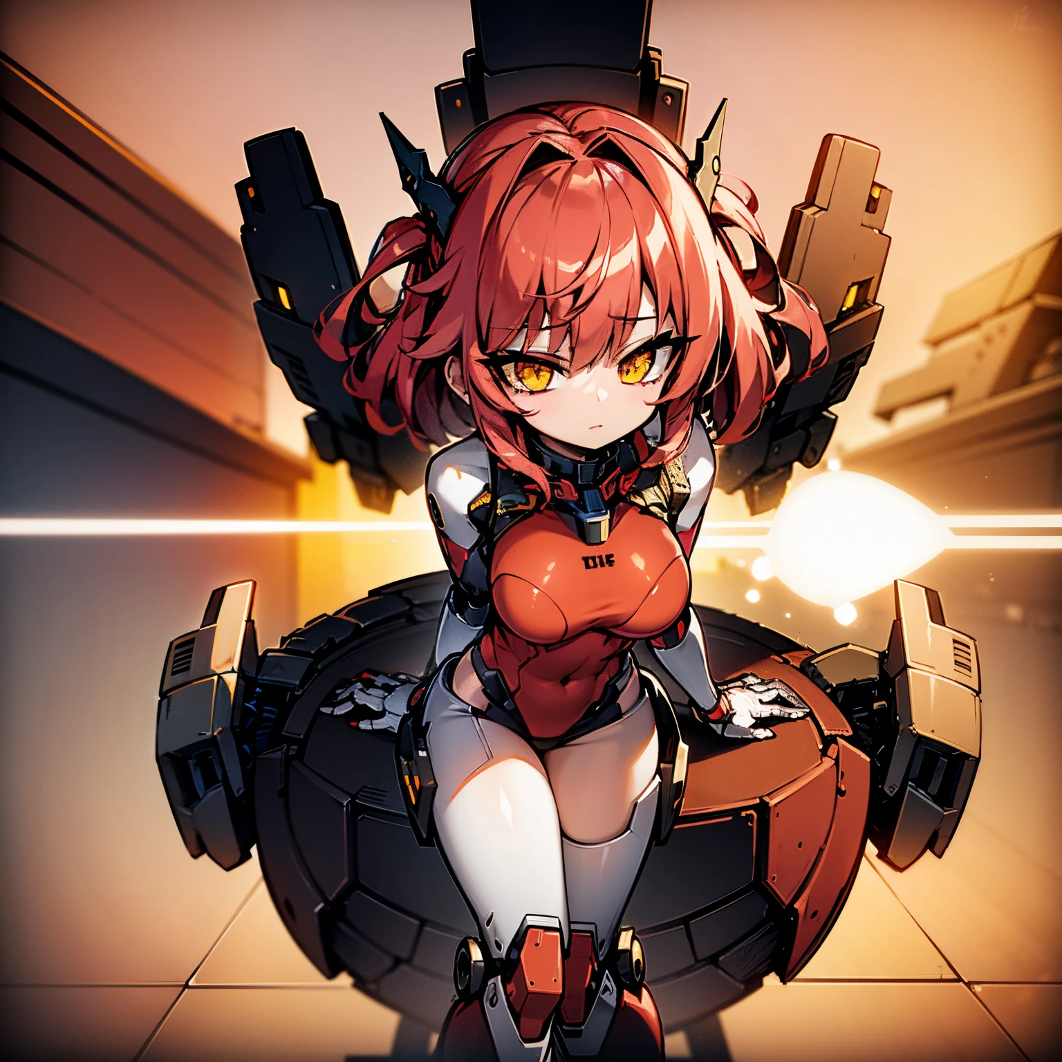 1Girl, red hair, medium hair, yellow eyes, robot girl, mecha girl, red metal armor, floating the sky, robot floating, sunset, orange sky, 4k, masterpiece, HD