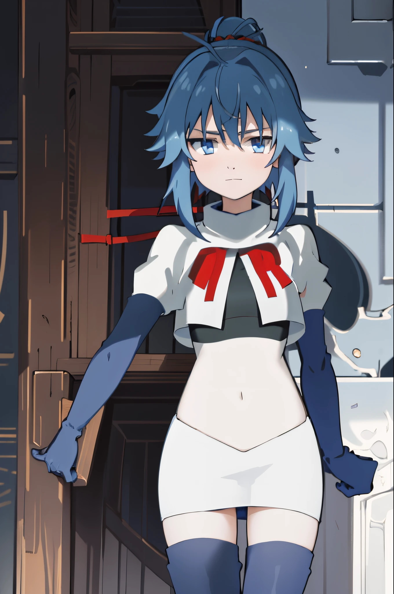 best quality, (masterpiece:1.2), detailed, medieval,
Re=L Rayford,
1girl, solo, closed mouth,
short hair with long locks, blue hair, ponytail, blue eyes, red ribbon, sidelocks, ahoge,
team rocket,team rocket uniform,white skirt,crop top,red letter R,black thigh-high boots,black elbow gloves,