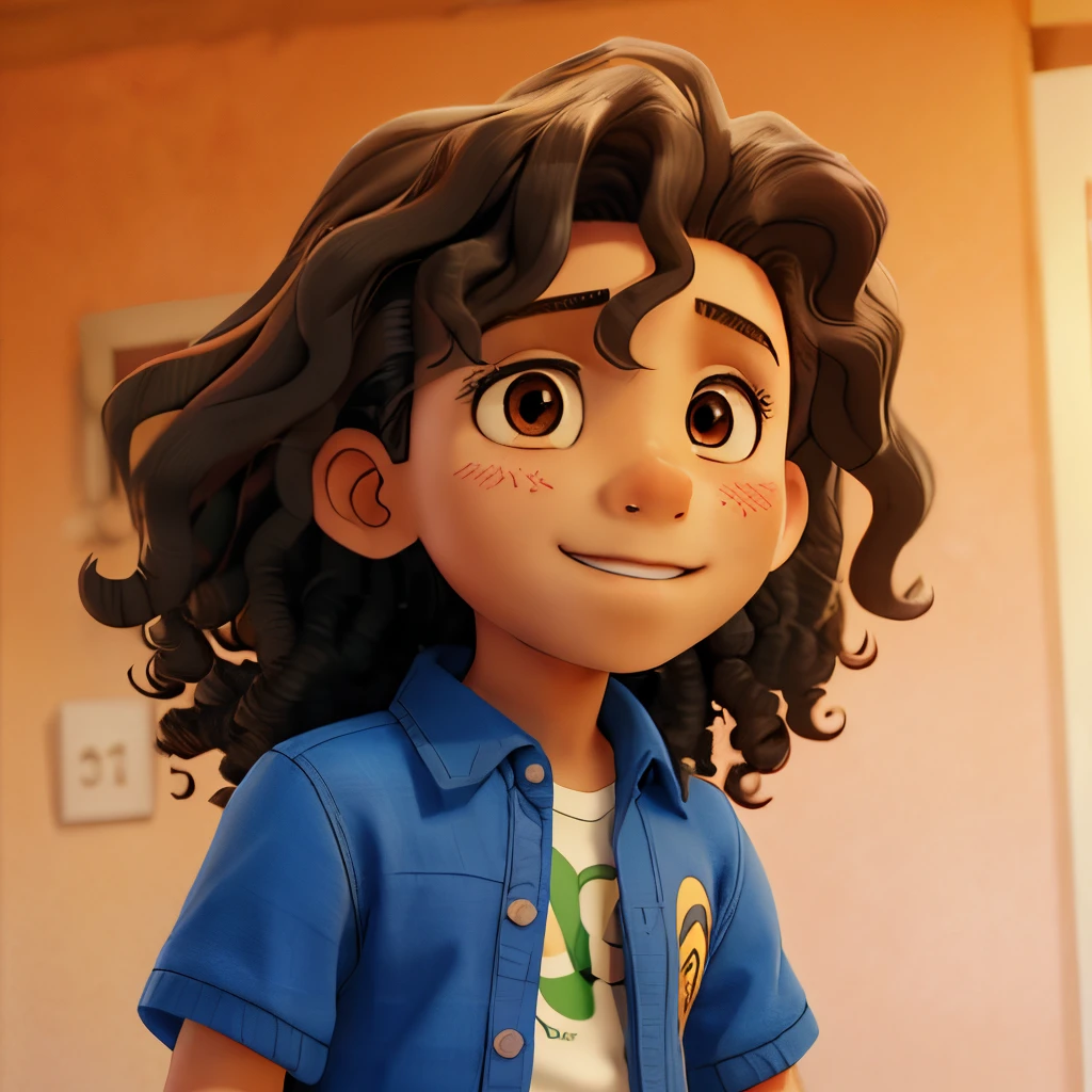 jamaican and asian 11 year old boy with long curly hair, brown skinned