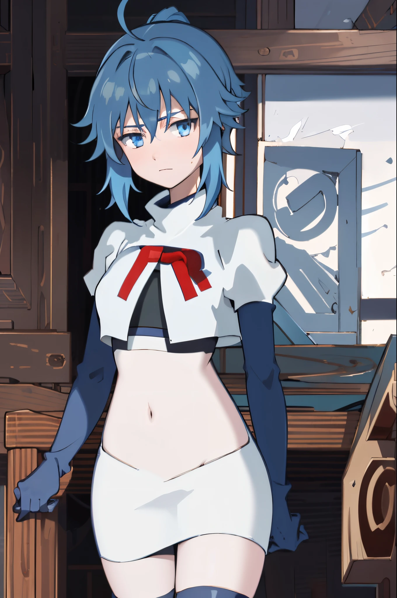 best quality, (masterpiece:1.2), detailed, medieval,
Re=L Rayford,
1girl, solo, closed mouth, 
short hair with long locks, blue hair, ponytail, blue eyes, red ribbon, sidelocks, ahoge,
team rocket,team rocket uniform,white skirt,crop top,red letter R,black thigh-high boots,black elbow gloves,