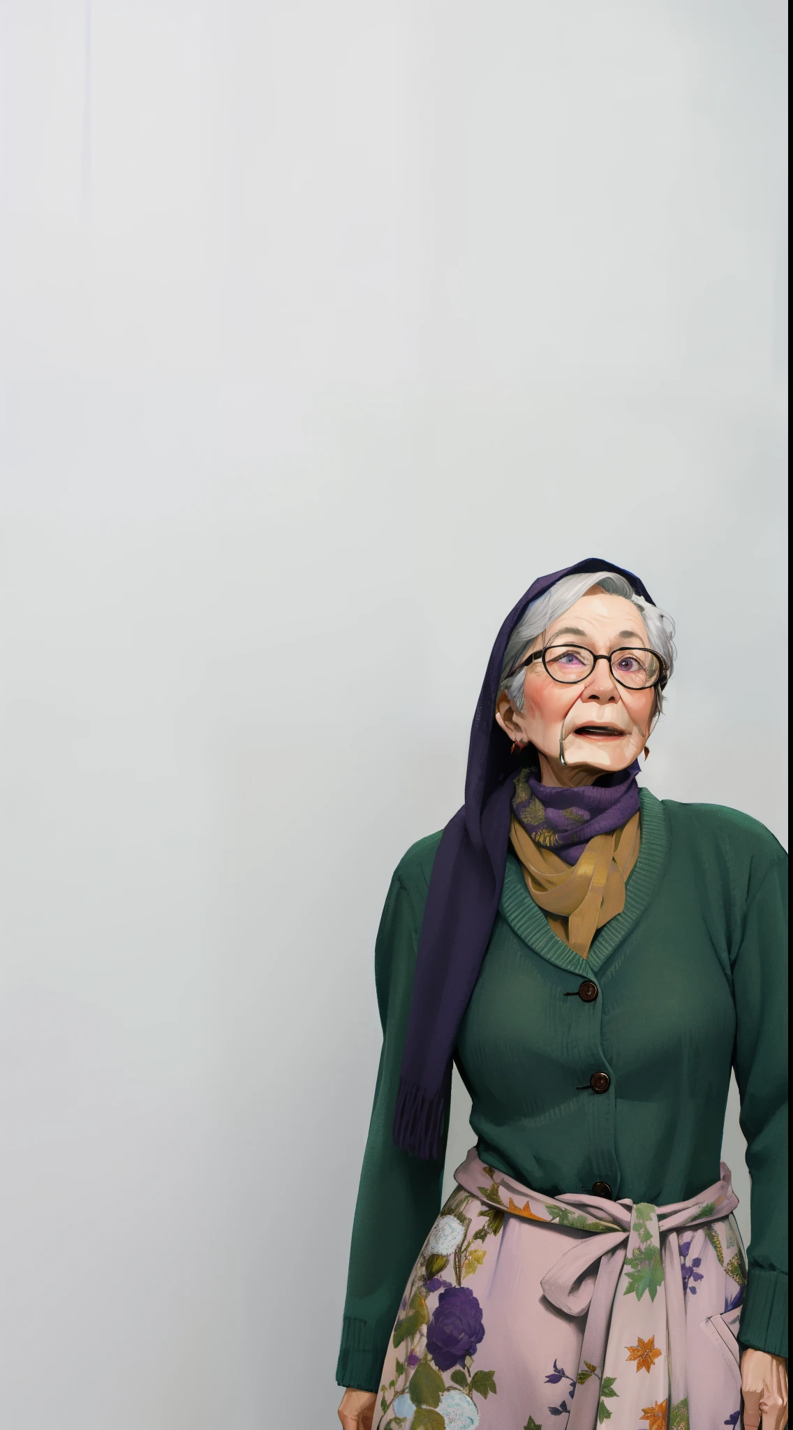 masterpiece, best quality, an old woman with glasses and a scarf on, wearing a purple coat and green scarf, standing at the park