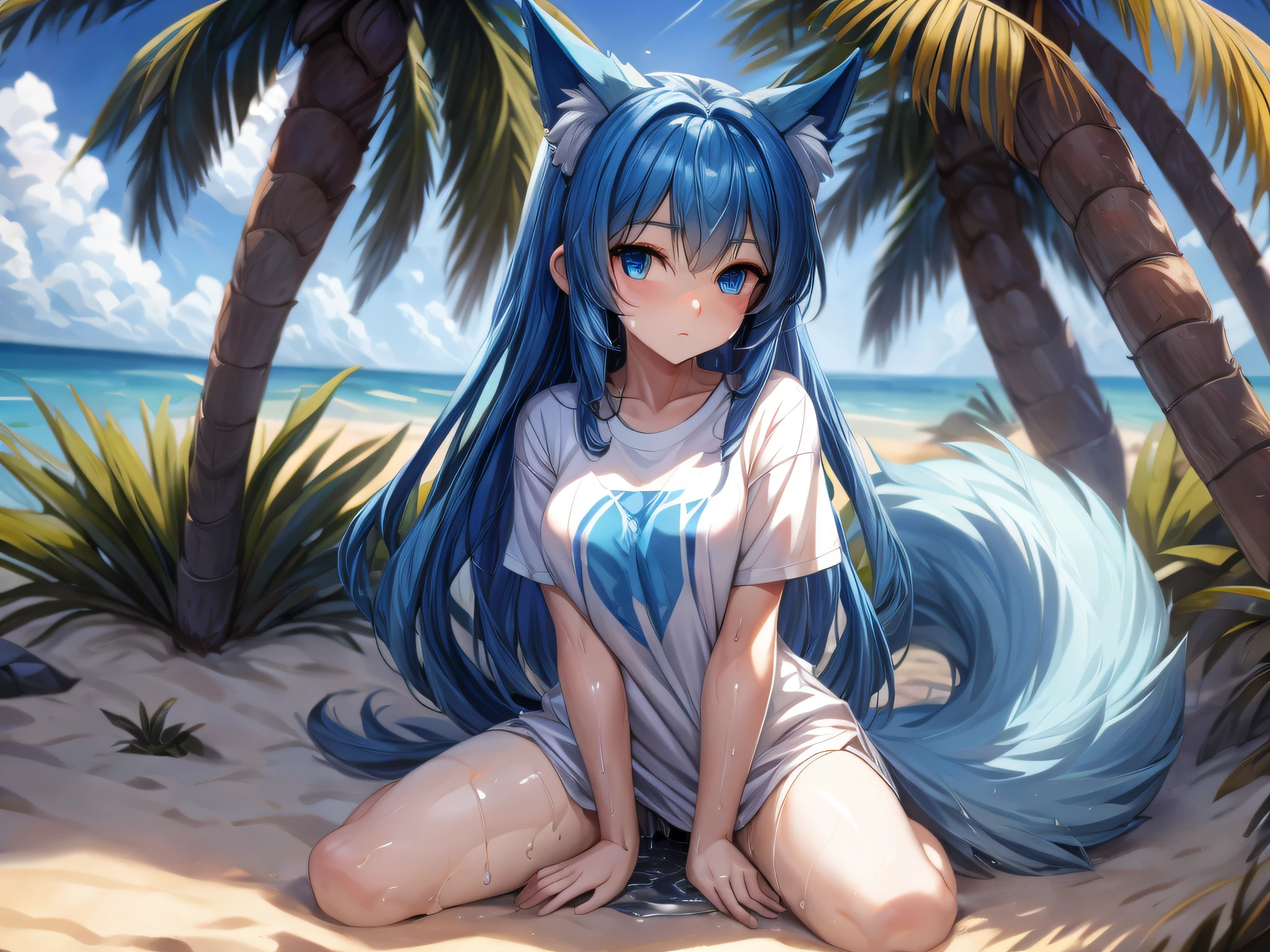 (Masterpiece) (High Detail) (High Res) A short ite humanoid girl with pale skin and blue eyes and long blue hair and blue dog ears and a big fluffy dog tail is sat against a palm tree alone on a small desert island. Wearing only an oversized t-shirt which is dirt and wet and ripped a little. Her hair is messy. She is soaking wet. Her clothes are wet and see-through.