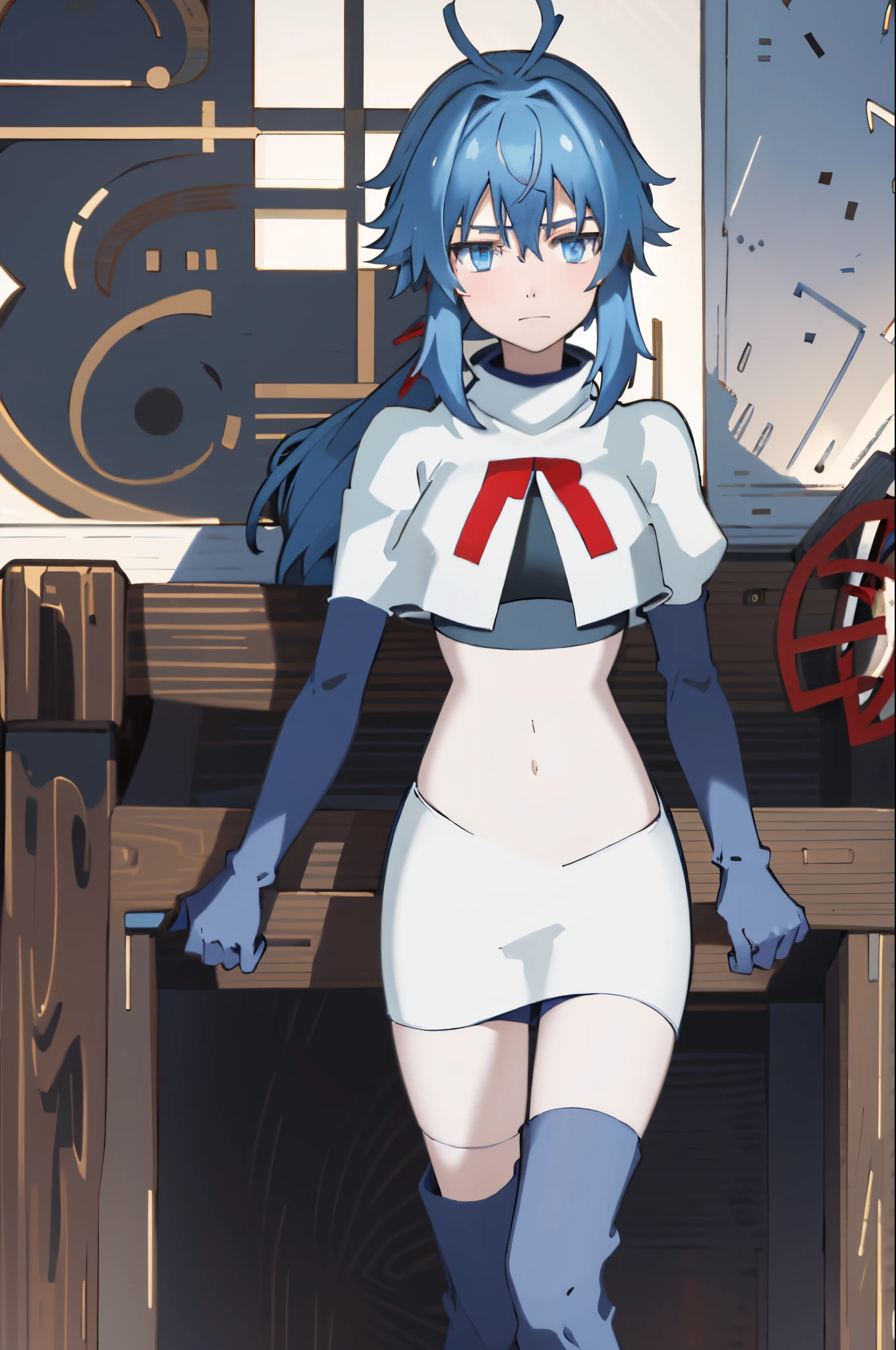 best quality, (masterpiece:1.2), detailed, medieval,
Re=L Rayford,
1girl, solo, closed mouth, 
short hair with long locks, blue hair, ponytail, blue eyes, red ribbon, sidelocks, ahoge,
team rocket,team rocket uniform,white skirt,crop top,red letter R,black thigh-high boots,black elbow gloves,