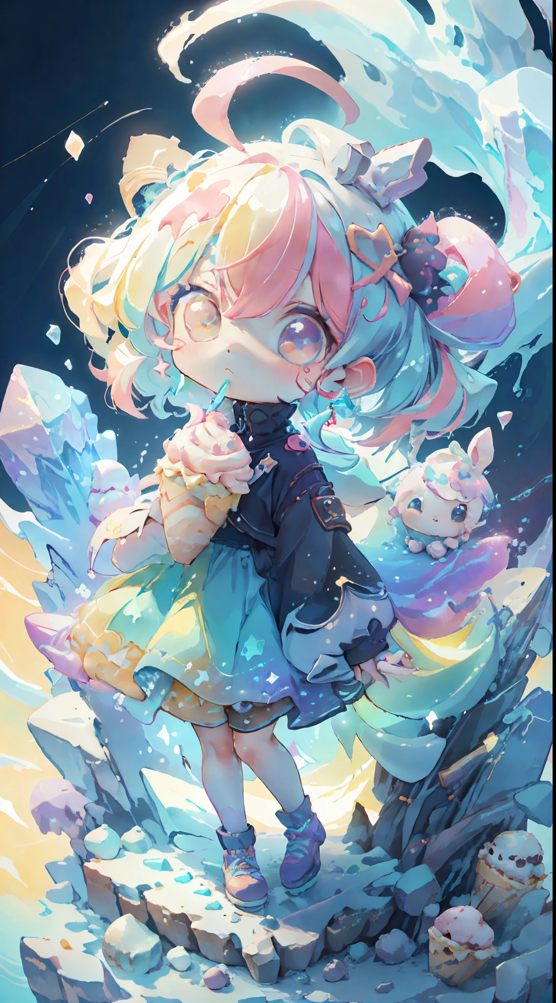 Perfect CG unity 8K UHD QUALITY RESOLUTION WALLPAPER plastican00d, 1girls, Chibi T-Shi,rainbow colored hair, Luxury fabrics,Republican style, dither,,bunny, Ice cream texture,Profound, looking at the spectator, cosmic atmospheric background