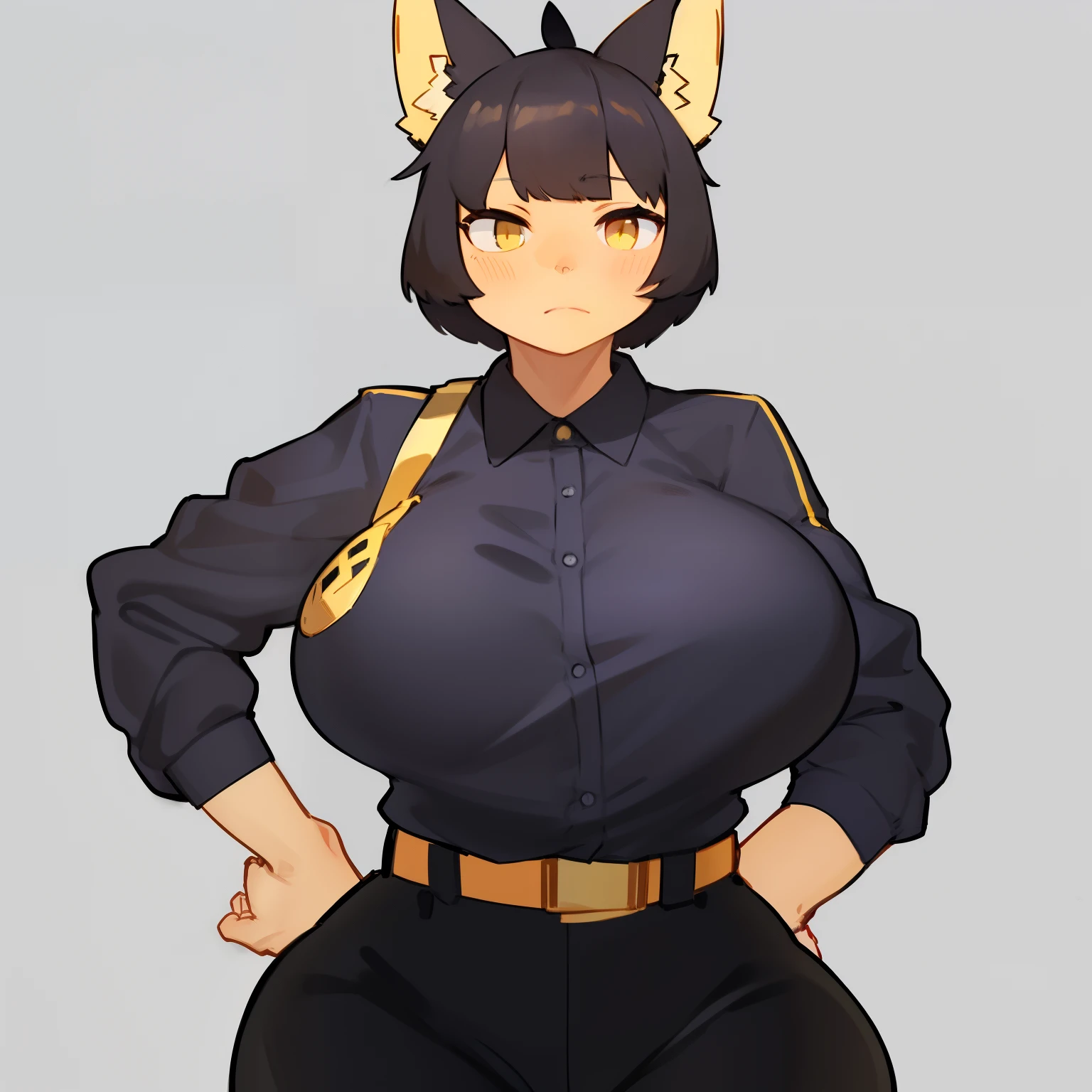 (((character body is grayscale))), (((Reference sheet styled image with Front, side, and rear views))), fully enclosed bodysuit, smaller waist and full thighs, wider hips, (((Tight tactical bodysleeve under clothing))), (((wearing tight fitted shirt))), (((black fur))), (((dark body))), (((puffy inverted nipple))), (((massively swollen full breasts))), solo, female, hair, fullbody view, (((detailed eyes))), silver reflective colored iris, city, golden hour, plants, (((by bebebebebe))), by buta99, by pgm300, by kishibe, by suurin 2, by sindoll, by secretly saucy, by ANUKI_ex, (((dark grey hair))), (((wavy hair))), stripes, (((dark grey fur))), (((no fur pattern))), (((all dark grey body))), (((black body))), feline, cat, glasses, scifi cyberpunk techwear cargo pants, techwear crop jacket with triangle decals, scifi devices and tactical gear, tech harness, utility focused clothing, Tight scifi tactical shirt, (((dark grey eyes))), open mouth, facing camera, standing, (((messy hair))), short hair, messy ponytail, beautiful anime furry anthro cat girl with massive breasts overfilling swollen breasts covered under shirt, with dark grey colored fur, full body covered in black fur, white glowing freckles on her thighs back and arms, (((white nipples))), covered breasts, (((covered nipples))), (((breasts not exposed))), no fluids