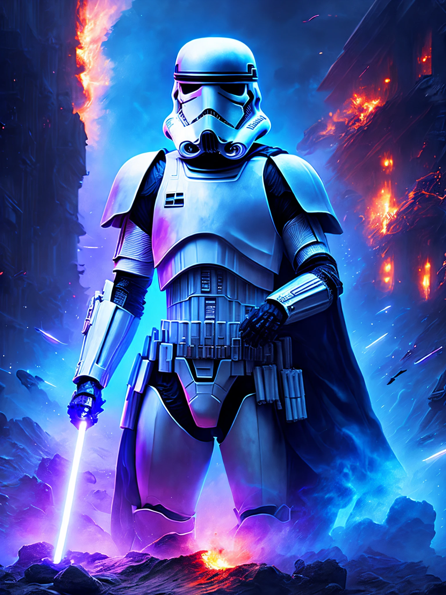 Retrato sombrio de Stormtrooper Horseman of the Apocalypse de Star Wars, extremamente detalhado, futuristic cityscape, noite, glowing neon lights, smoke billowing, Sparks, Metal shavings, Detritos voadores, efeitos da energia azul, volumetric light