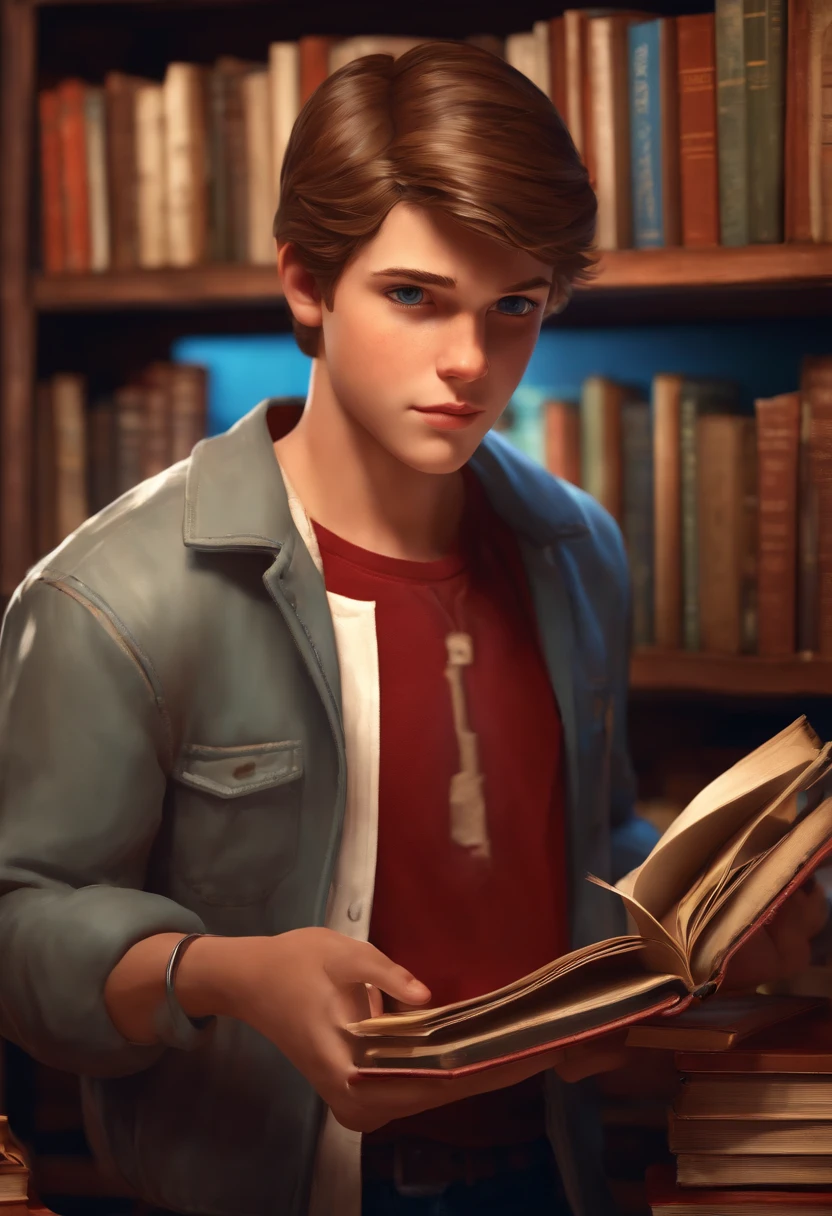 A photo of Nathan at a vintage book store, angrily flipping through a stack of books,Life is Strange video game series,Nathan is a teenage boy with blue eyes, slicked back light brown hair, light freckles, wears a red letterman jacket, mean expression