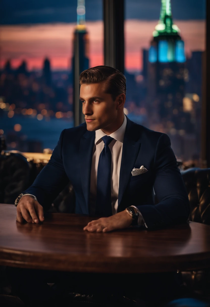 A photo of Finance Bro sitting at a VIP table in an exclusive club with a view of the Manhattan skyline in the background,original,30 years old, masculine, near comb over hair, wears a navy suit with a tie, walks around New York City
