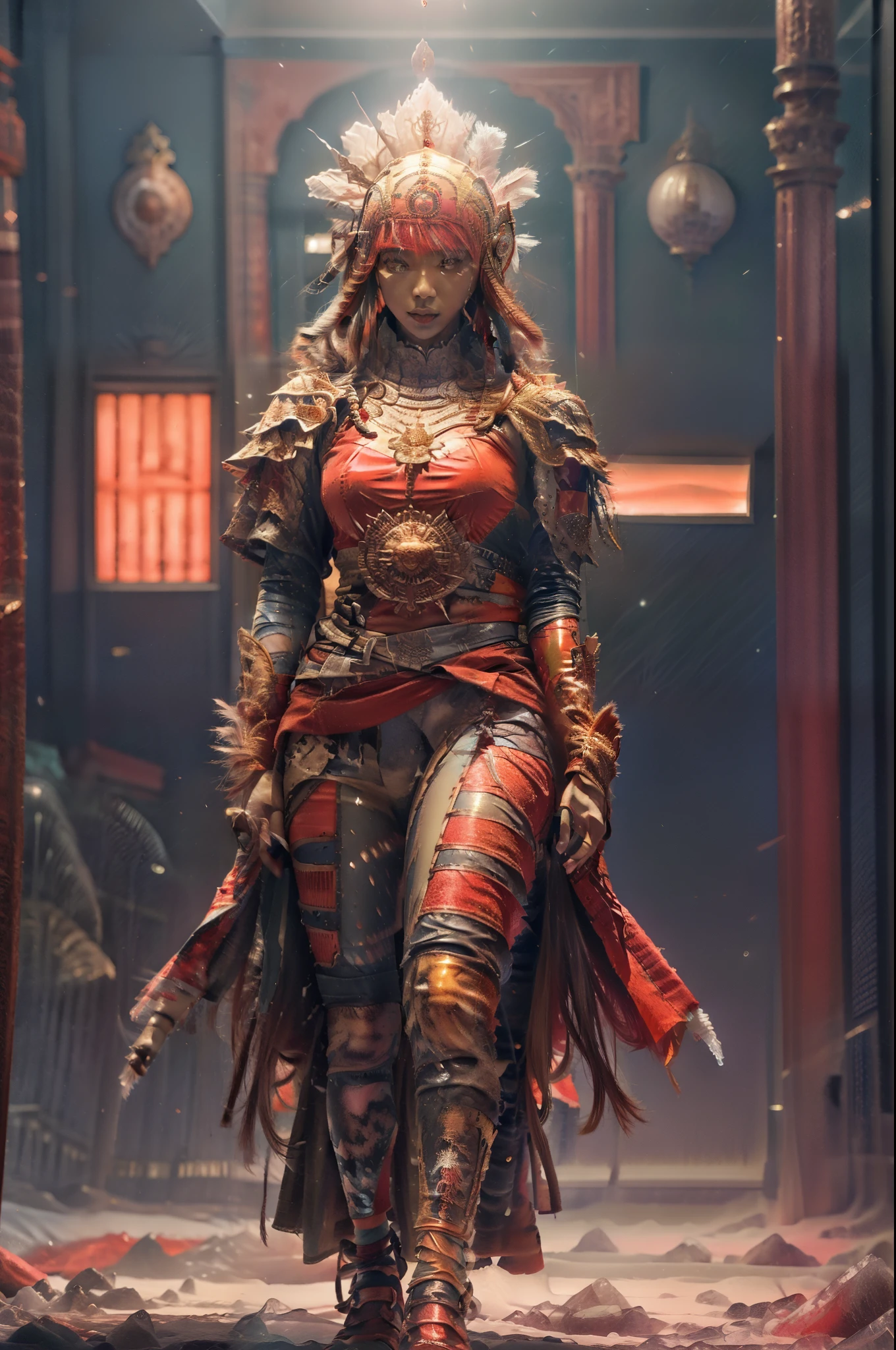 an ice sculpture of a beautiful African woman dressed in African designed clothes, standing in an empty Area full of large reflective mirrors, red flares on the ground providing a red cinematic look, red and blue look, cinematic lighting, artgerm style, 32k, ultra HD, hyper-realistic image --auto --s2