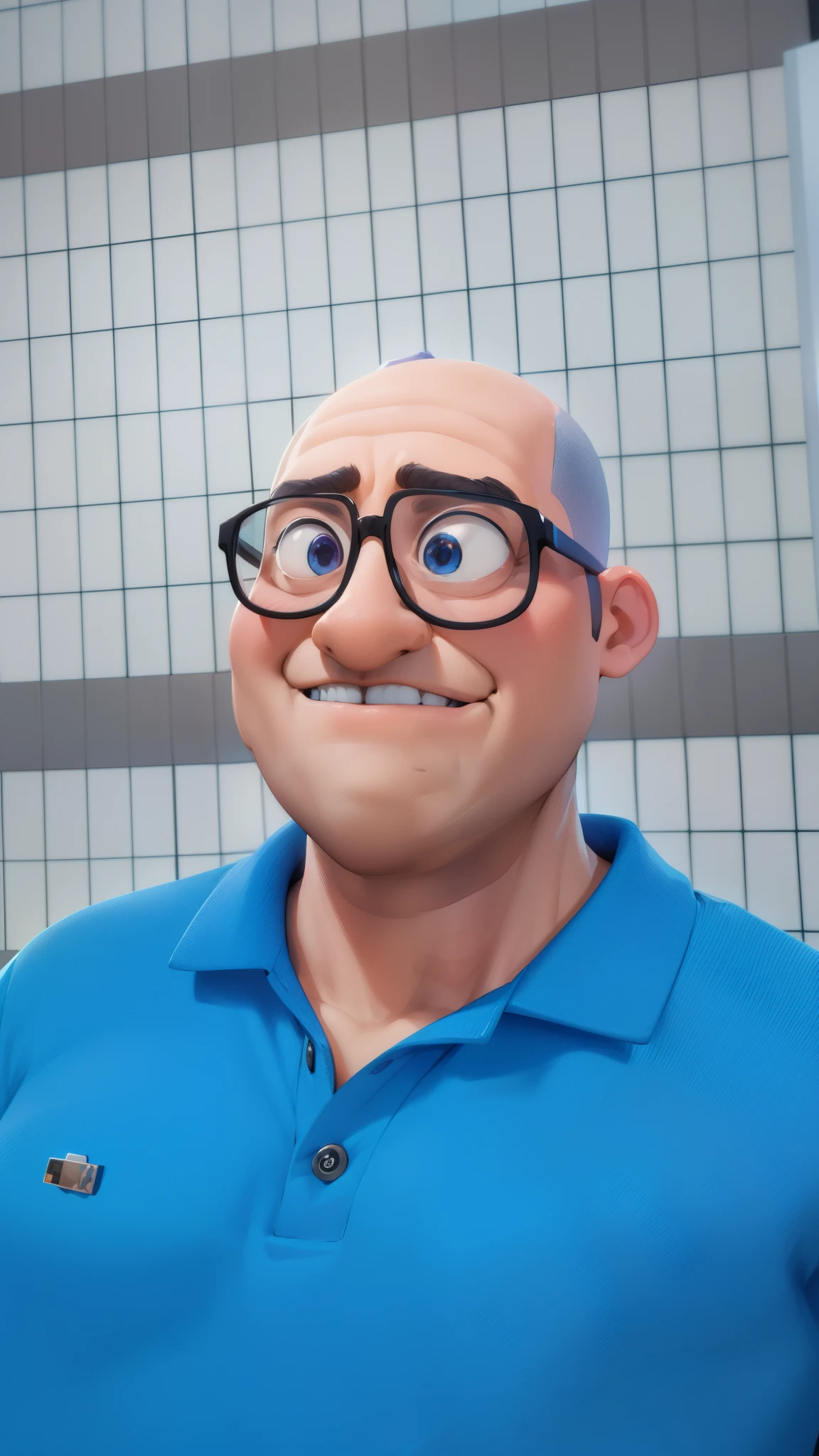 Cartoon character of a man with shaved head with black glasses and a blue shirt, animation character, Caractere estilizado, animation style rendering, 3D estilizado, Arnold Maya render, 3 d render stylized, toon render keyshot, Personagem 3D, Personagem 3D, 3d rendering stylized, 3 d character render, personagem de desenho animado, Personagem de close up, Pose de personagem,  (Estilo Pixar) (master part:1.2) (Bokeh) (best quality) (pele detalhada) (textura detalhada) (8k) (argila) (Cinematic lighting) (foco nítido