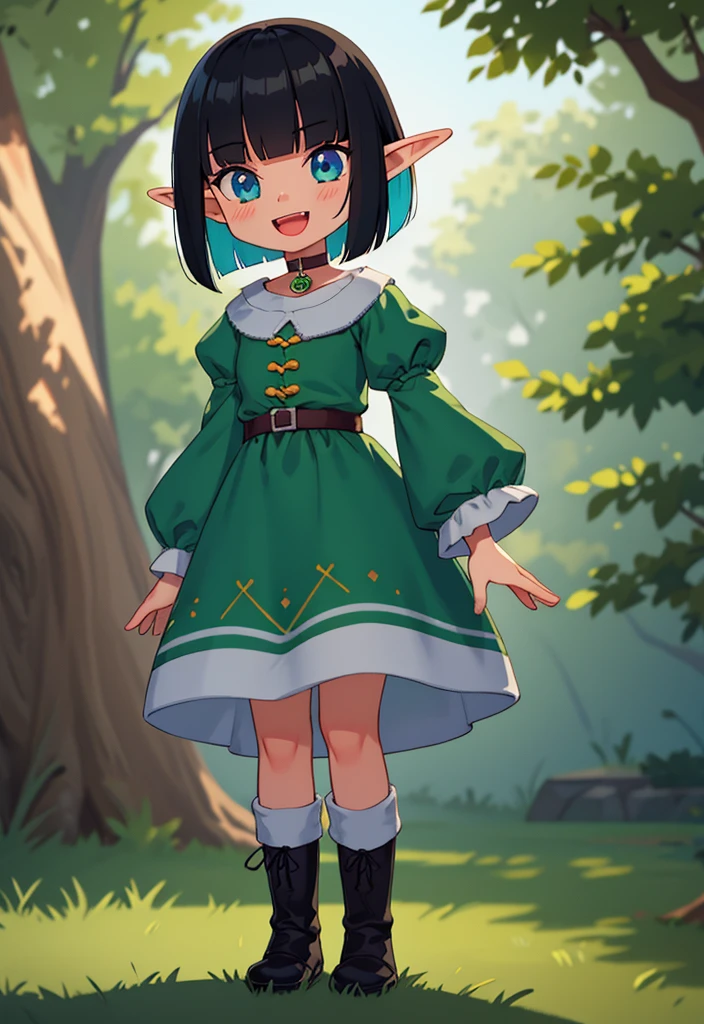 best quality, masterpiece, highly detailed, kawaii,
BREAK (short boy:1.3), 1girl, solo, (short hair, straight hair, black hair, blunt bangs, azure eyes:1.3), (elf ears), choker, fangs, blush, (realistic:0.8), (Standing near a christmas tree.)
(oversized clothes, puffy sleeves, green elf costume, black boots,) happy, :D,
BREAK cute aesthetic illustration, stylized digital art, colorful paint style,