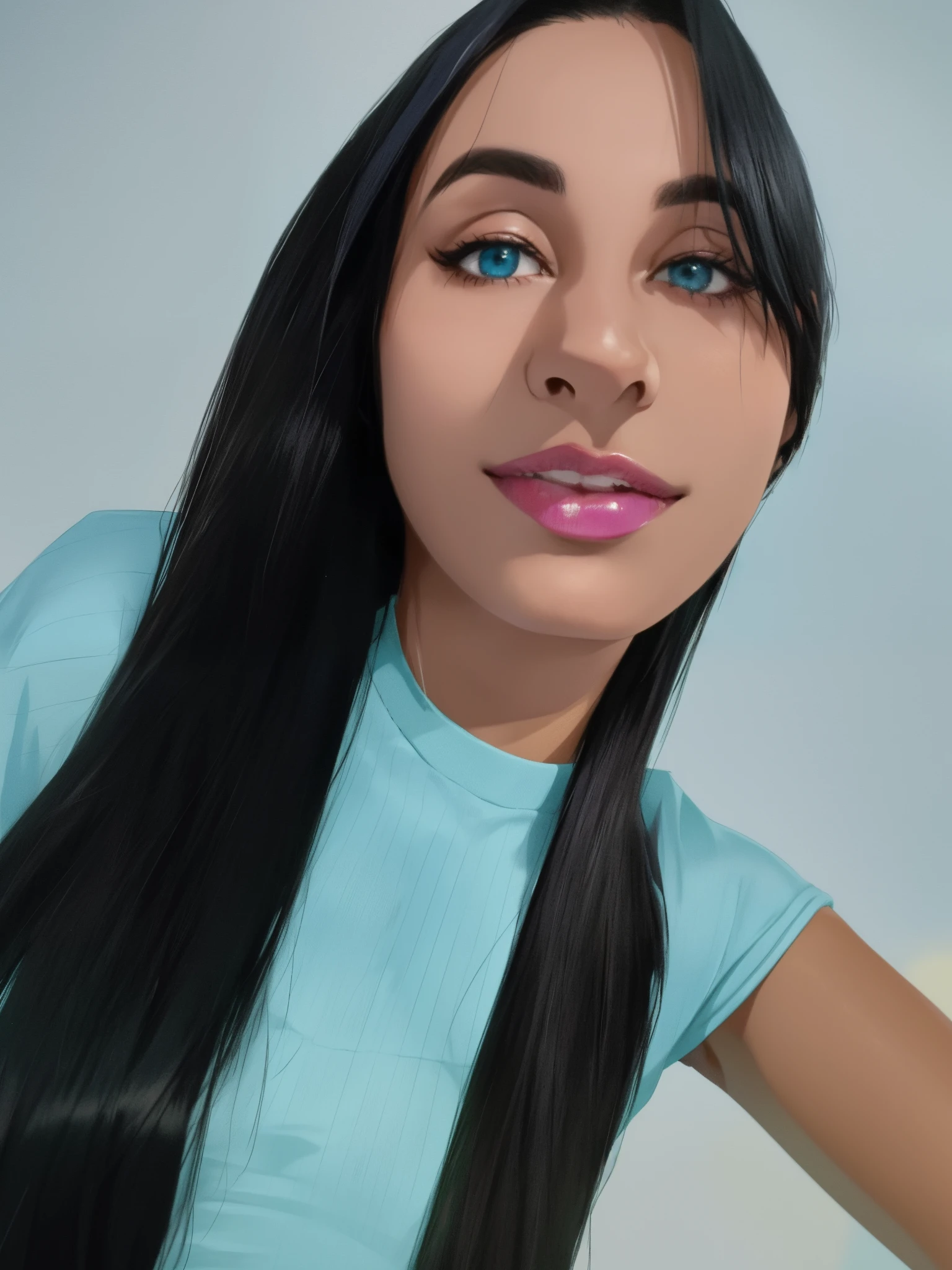 mulher arafed com cabelo preto longo e uma camisa azul, Alanis Guillen, com cabelo preto liso, imagem frontal, Foto realista, Estefania Villegas Burgos, Ayahausca, imagem de perfil, female with long black hair, Lorena Avarez, selfie de uma jovem mulher, Adriana DXIM, 3 0 anos de idade mulher