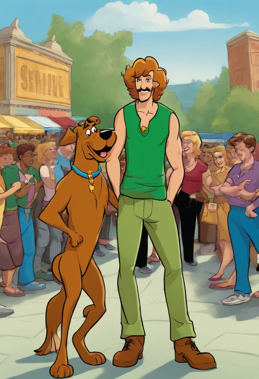 A photo of Shaggy and Scooby-Doo at a vegetarian food festival,Scooby-Doo, Where Are You!,He is a young man with a rough, patchy goatee. His signature attire consists of a baggy green V-neck T-shirt, loose maroon or brown bell-bottom pants, and black shoes.
He is tall and thin with dirty blonde hair. He is not muscular.