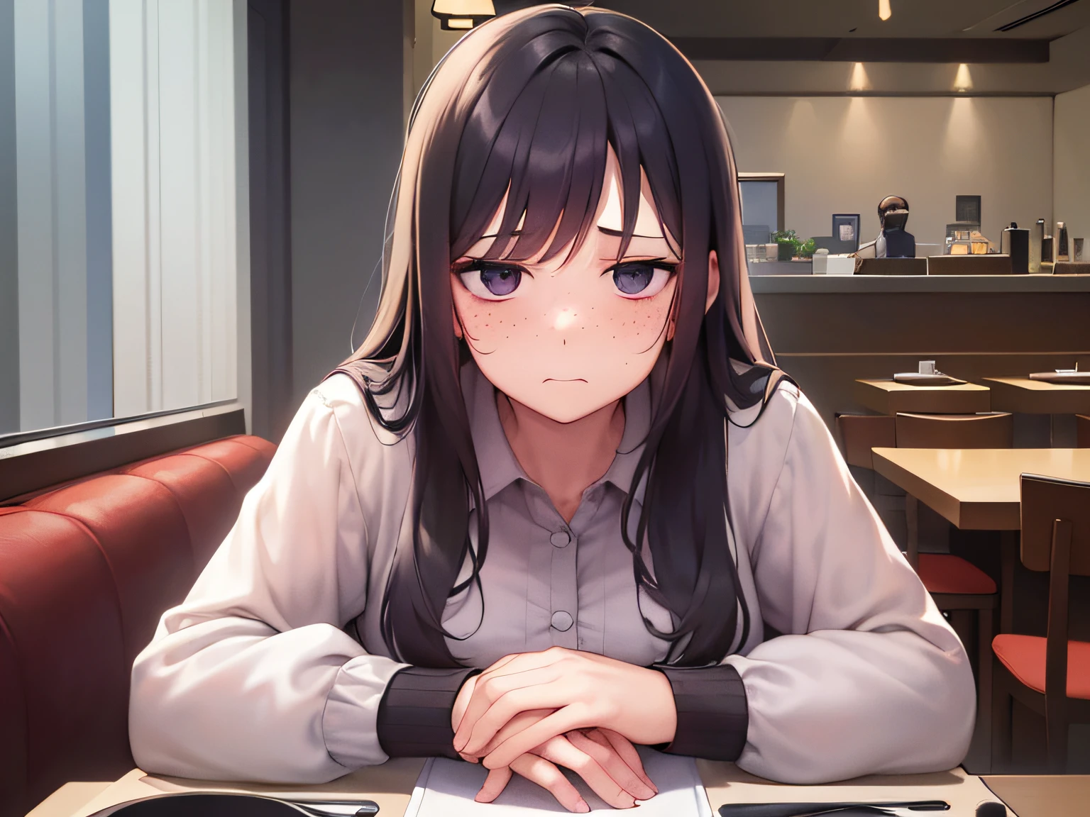 masterpiece、top-quality、wearing a pink blouse、Alone、((55-year-old aunt、the presence of freckles on the cheeks、Depressed and gloomy look、Wrinkles on face、In a fine dining restaurant、Beautiful restaurant with luxurious interior、having a dinner))、(Very plump body:1.1)、(very thick waist:1.3)、(thick thight:1.3)、(Saggy)、Bold composition、(Staring:1.5)、Staring at the camera、Wrinkles at the corners of the eyes、Black long hair、full body photographed、Precise images、jitome