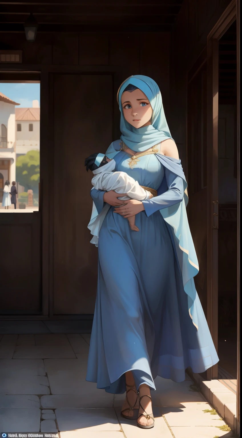 Dalivia is dressed in a jubah, sky-blue dress that dances with the hues of twilight. On her head, wearing hijab. She stands in the midst of the town, her expression a mix of determination and worry, clutching an empty space where her cherished a baby girl, should be. Walk with one hensome man.
Convey the emotion and urgency of the moment as Dalivia embarks on her quest to find Lilly. The atmosphere should be tinged with a sense of mystery and adventure, setting the stage for the captivating tale that unfolds in Chapter 1