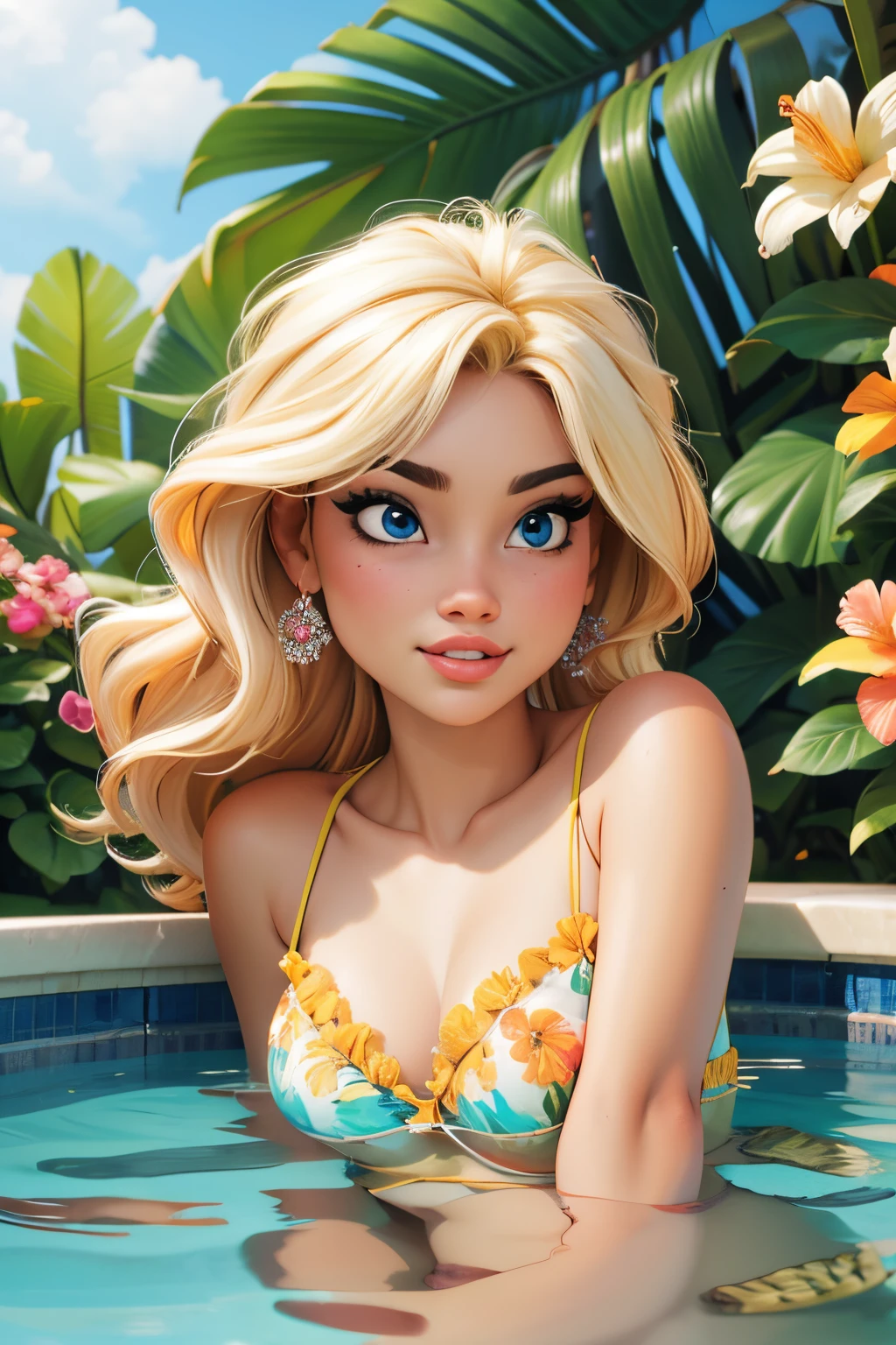 (best quality,4k,8k,highres,masterpiece:1.2),ultra-detailed,realistic, Captured from front, bright colors, vibrant tones, blonde girl, detailed eyes,detailed lips,long eyelashes,sexy,posing confidently,front view, tropical paradise, lush garden, natural pool, blooming flowers, crystal clear water,scenic beauty,sunlight filtering through the trees, tranquil atmosphere,serene ambiance