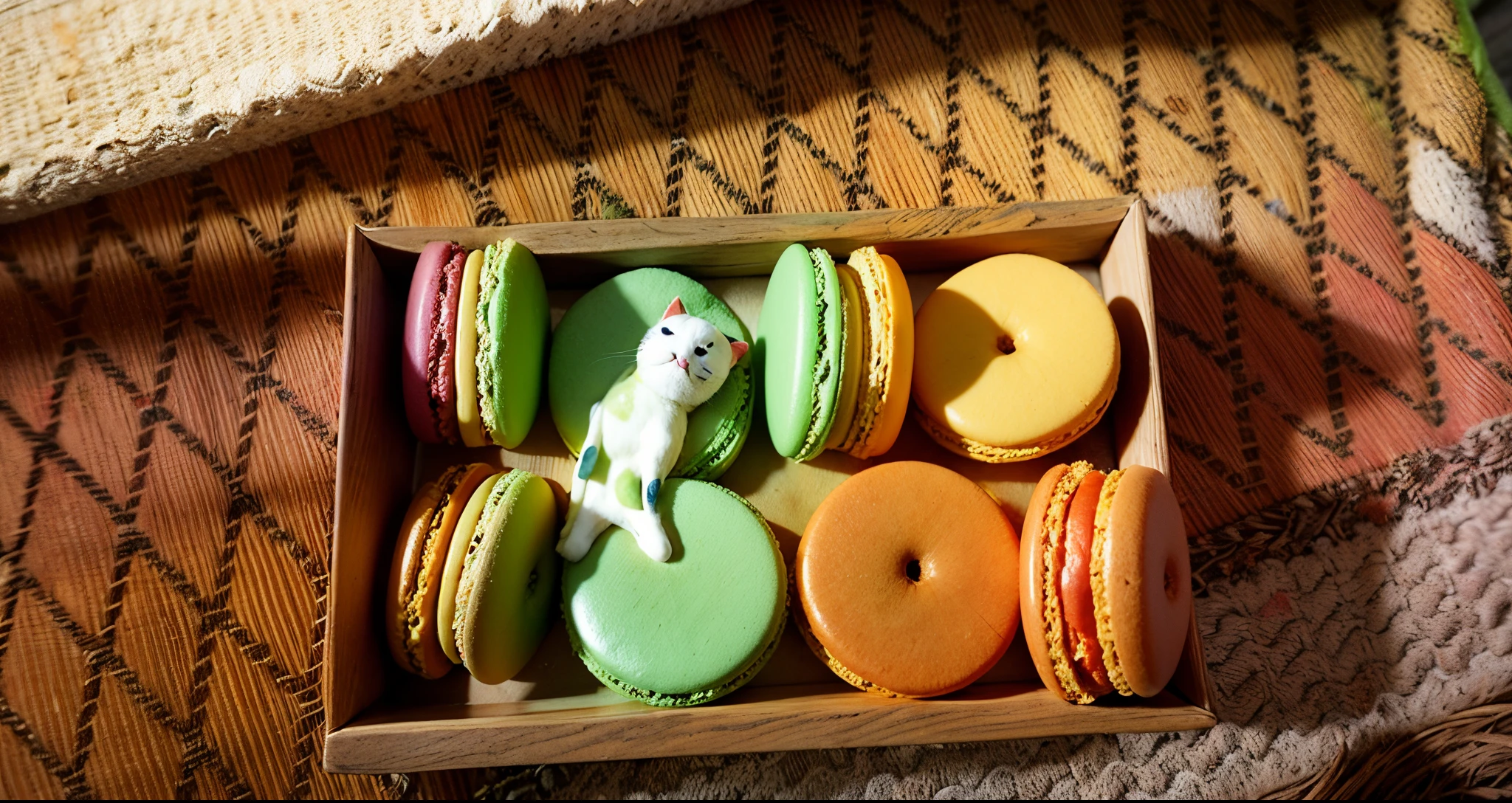 tea party, cake, macaron, cookie, tea, cute, cute, sweet, pastel color, fluffy, sweet, pale shade, (old library), (wooden table), macha, Japanese style, a cat, a cat doll