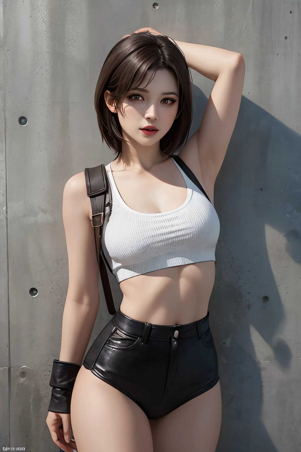 (​masterpiece), (top-quality), 8K分辨率, ultra-detailliert, ultra-detailliert, realisitic, a picture, photorealisim, (1girl in), Tifa, Final Fantasy VII, Tifa Lockhart, concrete wall,metal pipes,Description Red eye,Detailed double eyelids,Short hair dark brown color,Slender figure,Model body type,BustＢcups,
