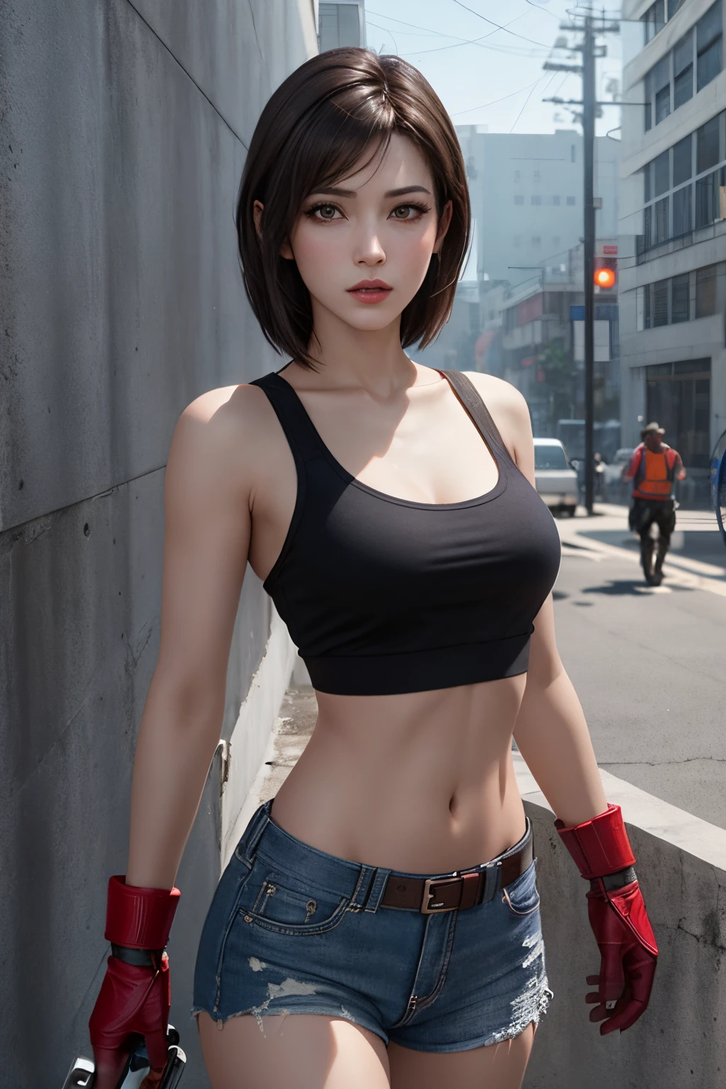 (masterpiece), (top-quality), 8K分辨率, ultra-detailliert, ultra-detailliert, realisitic, a picture, photorealisim, (1girl in), Tifa, Final Fantasy VII, Tifa Lockhart, concrete wall,metal pipes,Description Red eye,Detailed double eyelids,Short hair dark brown color,Slender figure,Model body type,BustBcups,