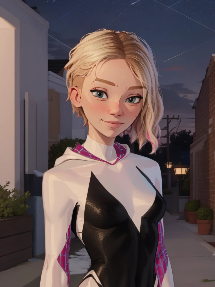 Gwen Stacy as spidergwen, hood, slight smile, night background,  stars