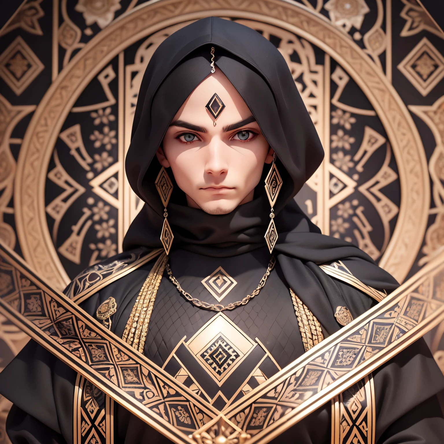 Create an AI-generated image of a man wearing a black sweatshirt with a striking, dark, and alluring design inspired by a character or eyes from Western mythology. Incorporate the same design as the Pomegranate Palace mosaics in Morocco. Provide a mockup for Instagram promotion --auto --s2