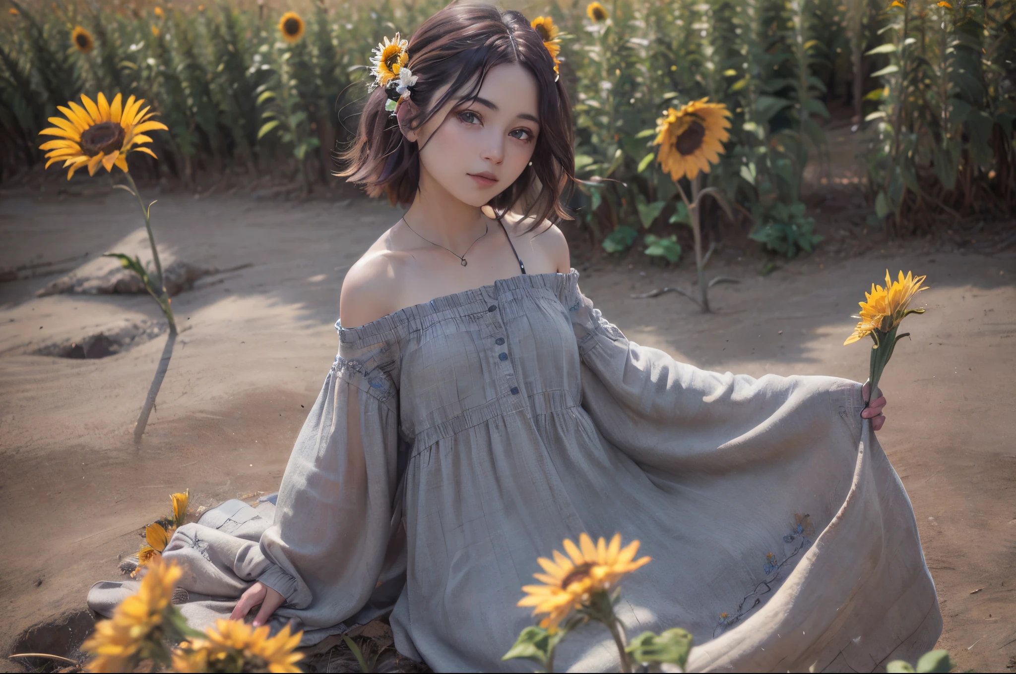 Chica en flores de girasol