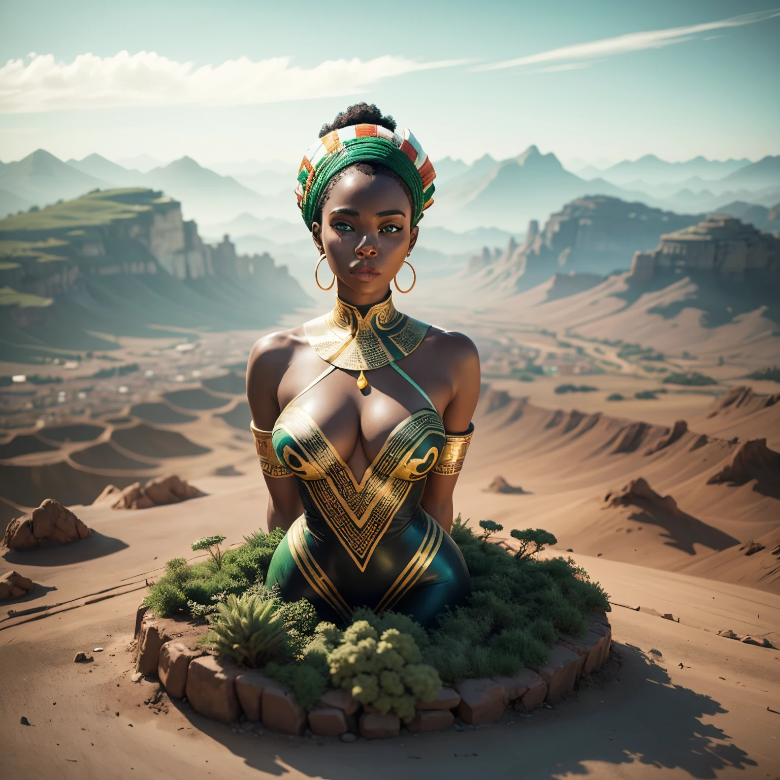 Aerial view shot of a ground sculpture, logo style,a breathtaking image of an African woman with African designed attire on, mixed with sculpture of natural vegetation and climate, a blend of colours grey and green, beautiful aerial sculpture image, 32k, ultra HD, unreal engine rendered, cinematic lighting, artgerm style --auto --s2