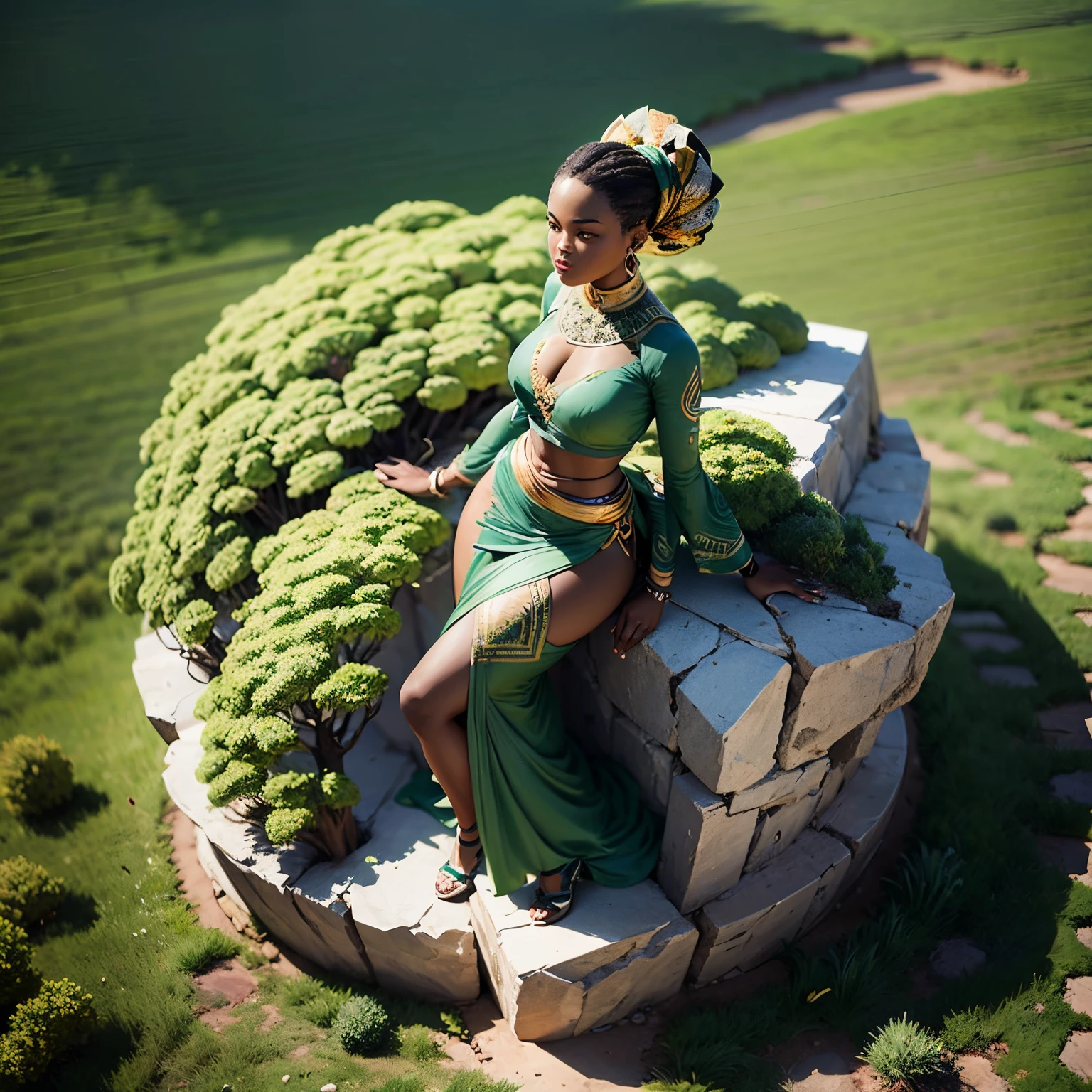 Aerial view shot of a ground sculpture, logo style,a breathtaking image of an African woman with African designed attire on, mixed with sculpture of natural vegetation and climate, a blend of colours grey and green, beautiful aerial sculpture image, 32k, ultra HD, unreal engine rendered, cinematic lighting, artgerm style --auto --s2