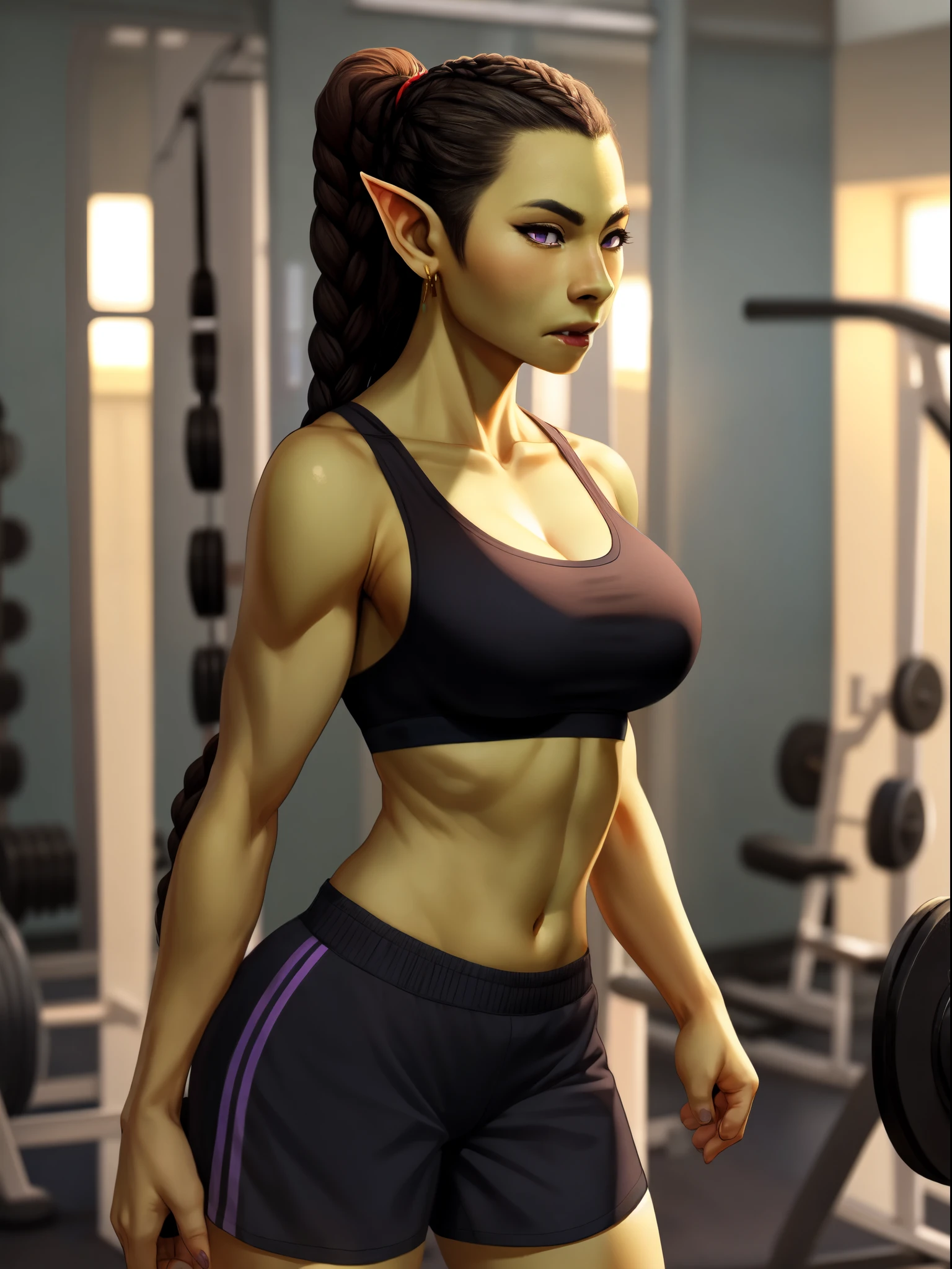 Solo:1.3, alone, A light green skinned pretty beautiful orc woman, purple eyes, orc fangs, elegant brown long hair, braided hair, elegant tall body, medium breasts, wearing black sports bra, black short shorts, standing in a gym, by gudlmok99, portrait, close up