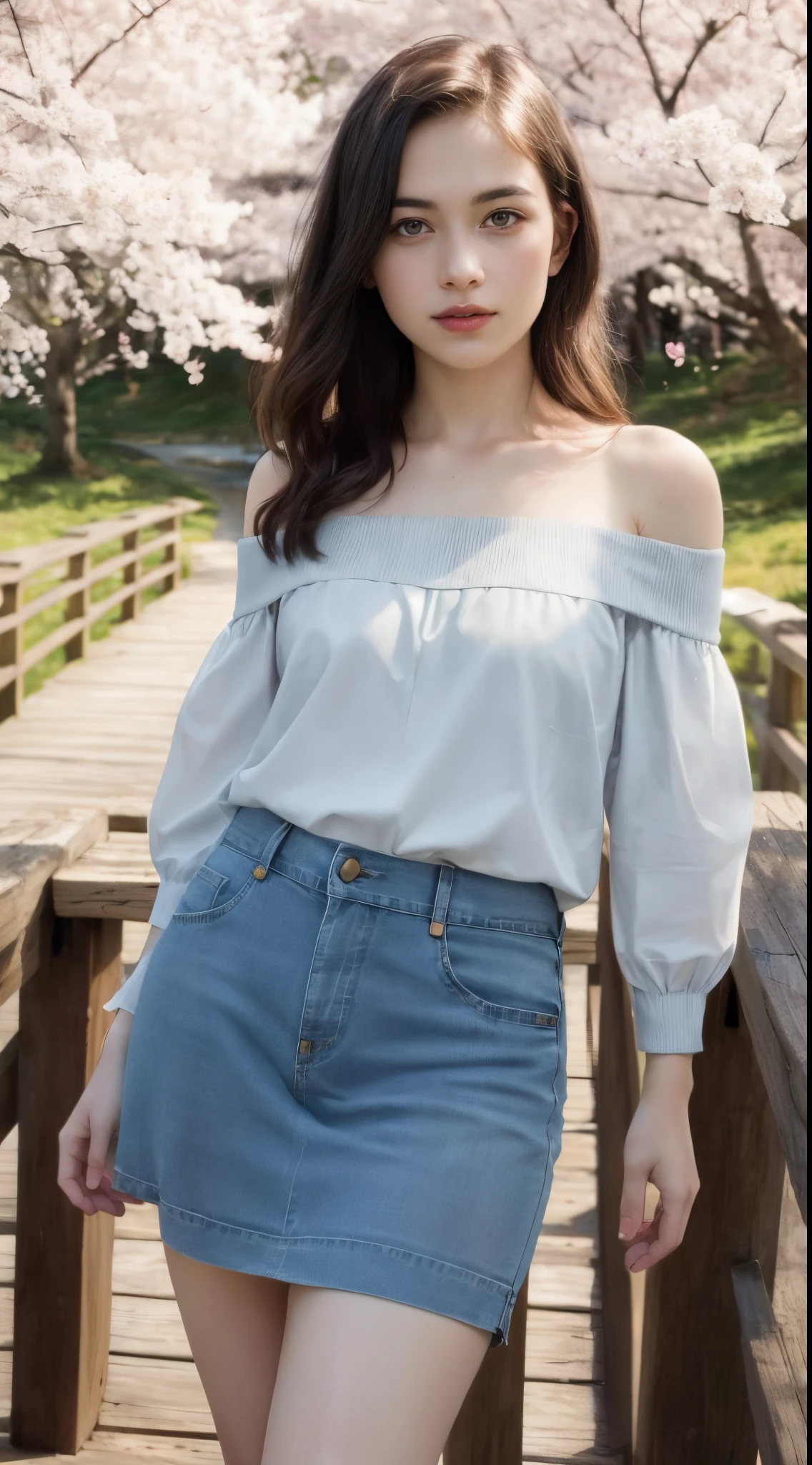 16 year old pre-teen, Finnish, blonde, small breasts, big eyes, long legs, close-up of thighs, off-shoulder blouse, denim skirt, park background, crossing a wooden bridge at the lake, tree, cherry blossom, sunrise, light through fabric, (realistic, photorealistic: 1.37), specular light, ray tracing, HDR