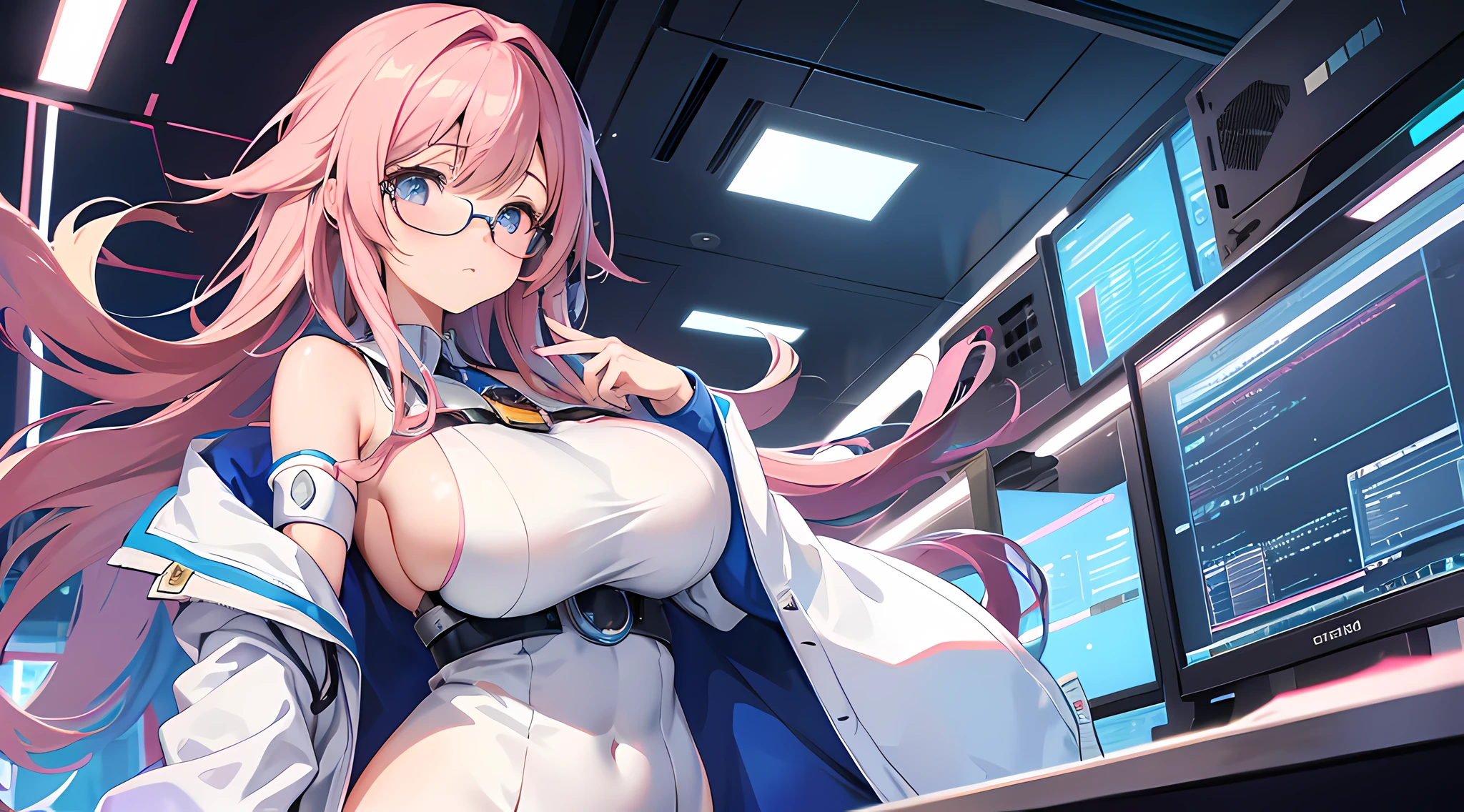 anime girl with big breast posing in a laboratory, beautiful eyes finely detailed, glasses, Hakase, seductive anime girl, smooth anime cg art, oppai, anime moe artstyle, girl in laboratory coat, [ 4 k digital art ]!!, thicc, cute anime waifu in a nice laboratory coat, (sfw) safe for work, fluffy chest, marin kitagawa fanart, attractive anime girl