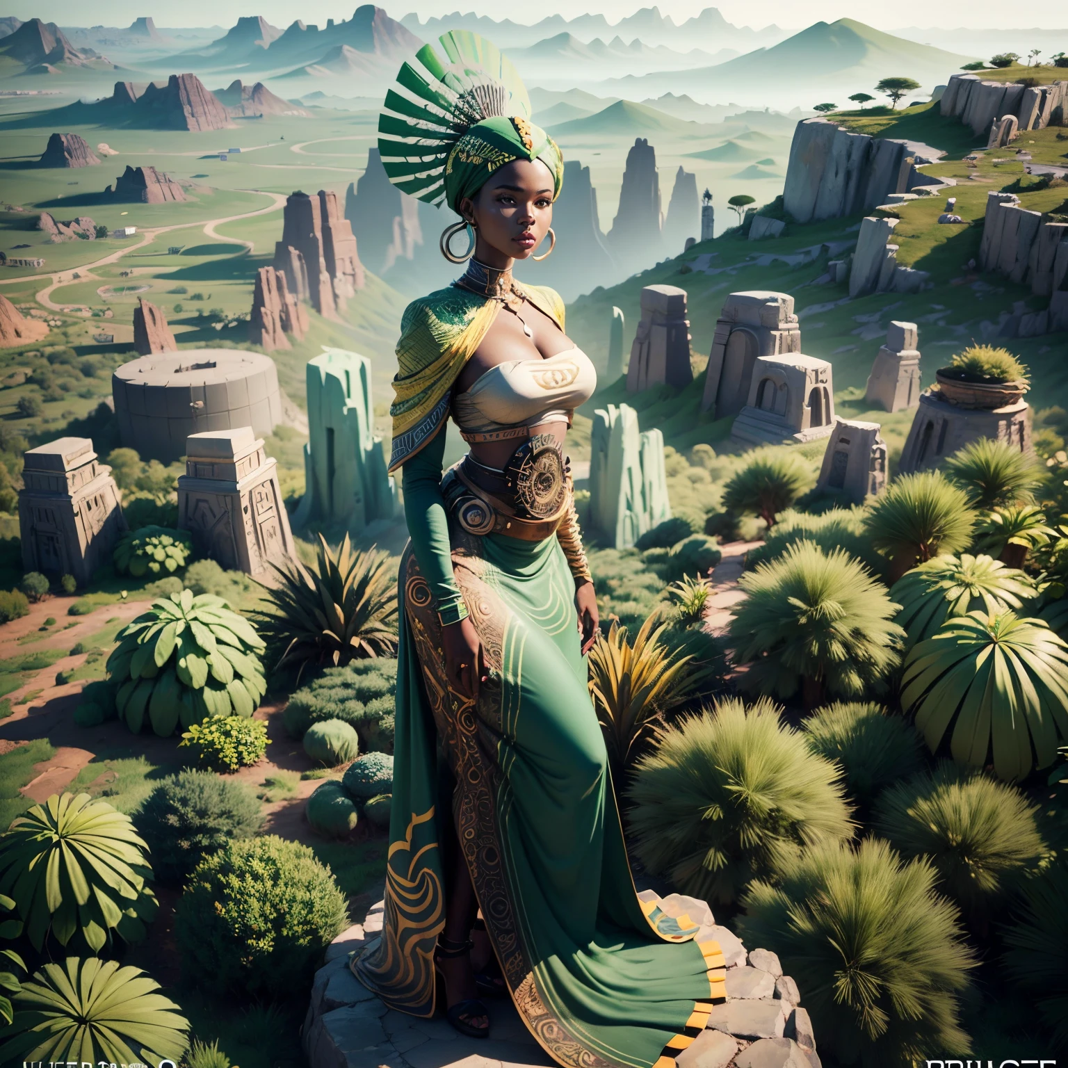 Aerial view shot of a ground sculpture, logo style,a breathtaking image of an African woman with African designed attire on, mixed with sculpture of natural vegetation and climate, a blend of colours grey and green, beautiful aerial sculpture image, 32k, ultra HD, unreal engine rendered, cinematic lighting, artgerm style --auto --s2