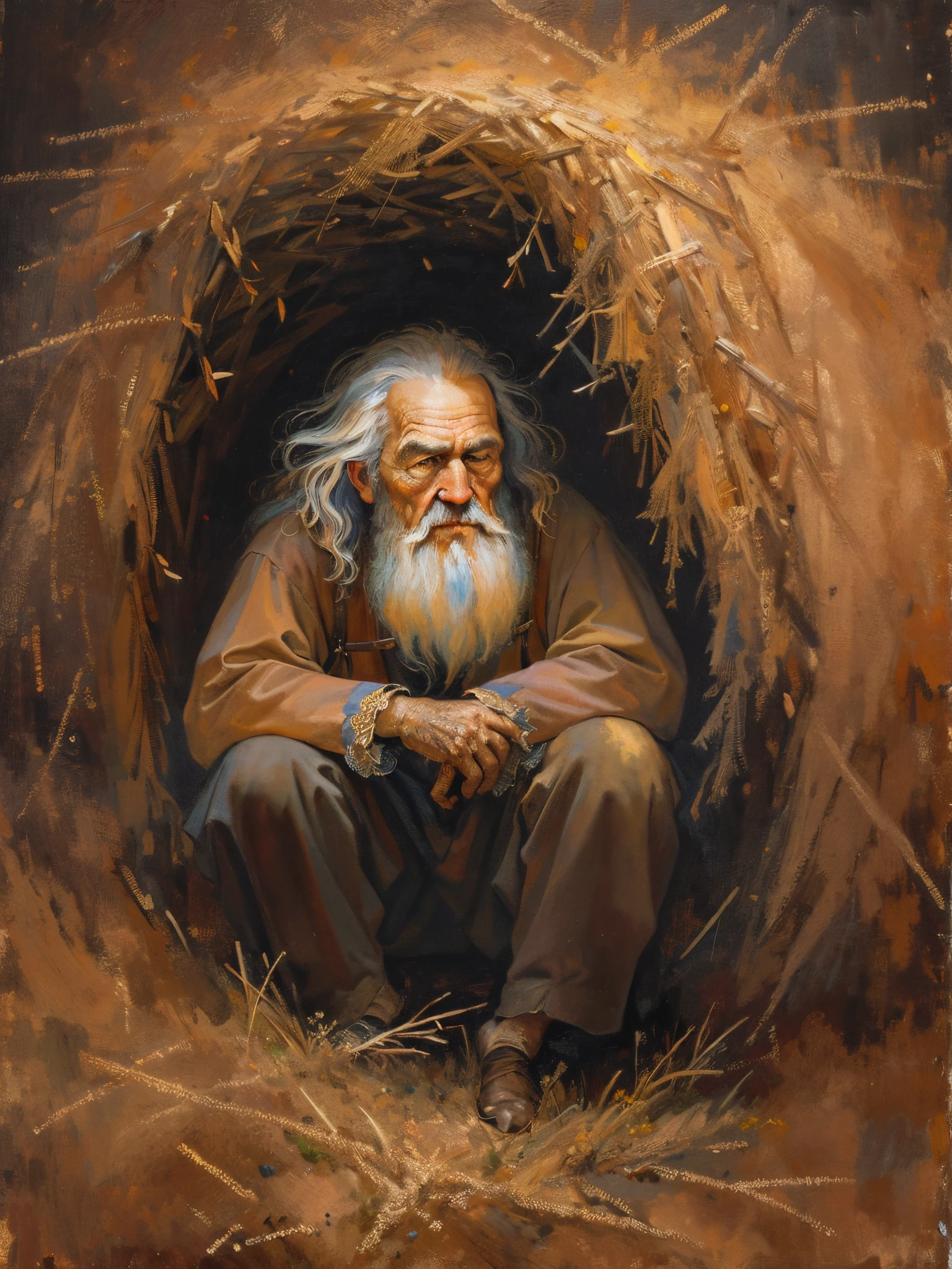 an oil painting，da vinci art style。old man in haystack, messy  hair，Guviz style artwork,，Artistic creativity:1.37,Sweet，Wonderful and magical，Exquisite，Natural soft light，Lonely eyes，