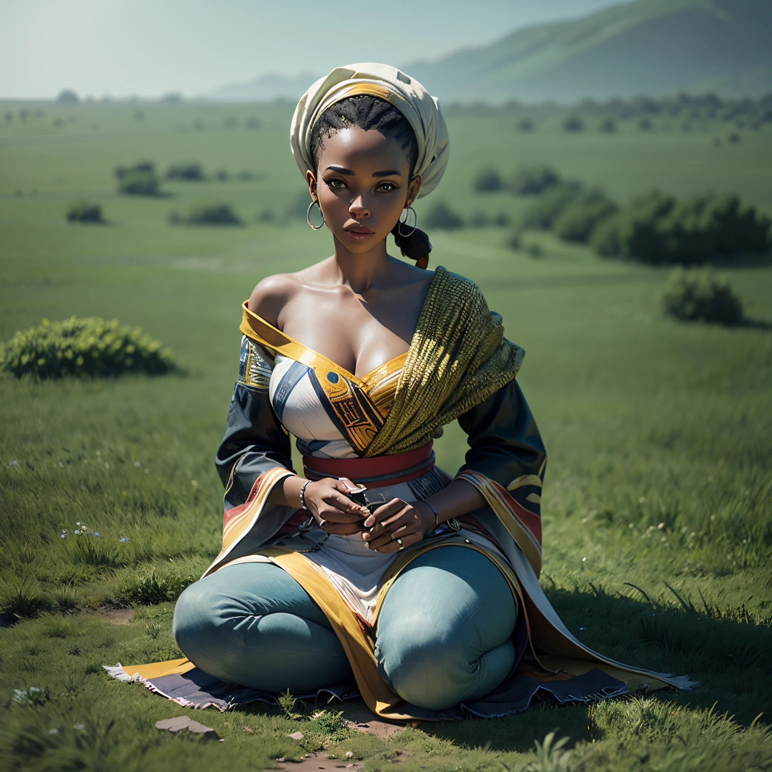 Aerial view shot of a ground sculpture, logo style,a breathtaking image of an African woman with African designed attire on, mixed with sculpture of natural vegetation and climate, a blend of colours grey and green, beautiful aerial sculpture image, 32k, ultra HD, unreal engine rendered, cinematic lighting, artgerm style --auto --s2