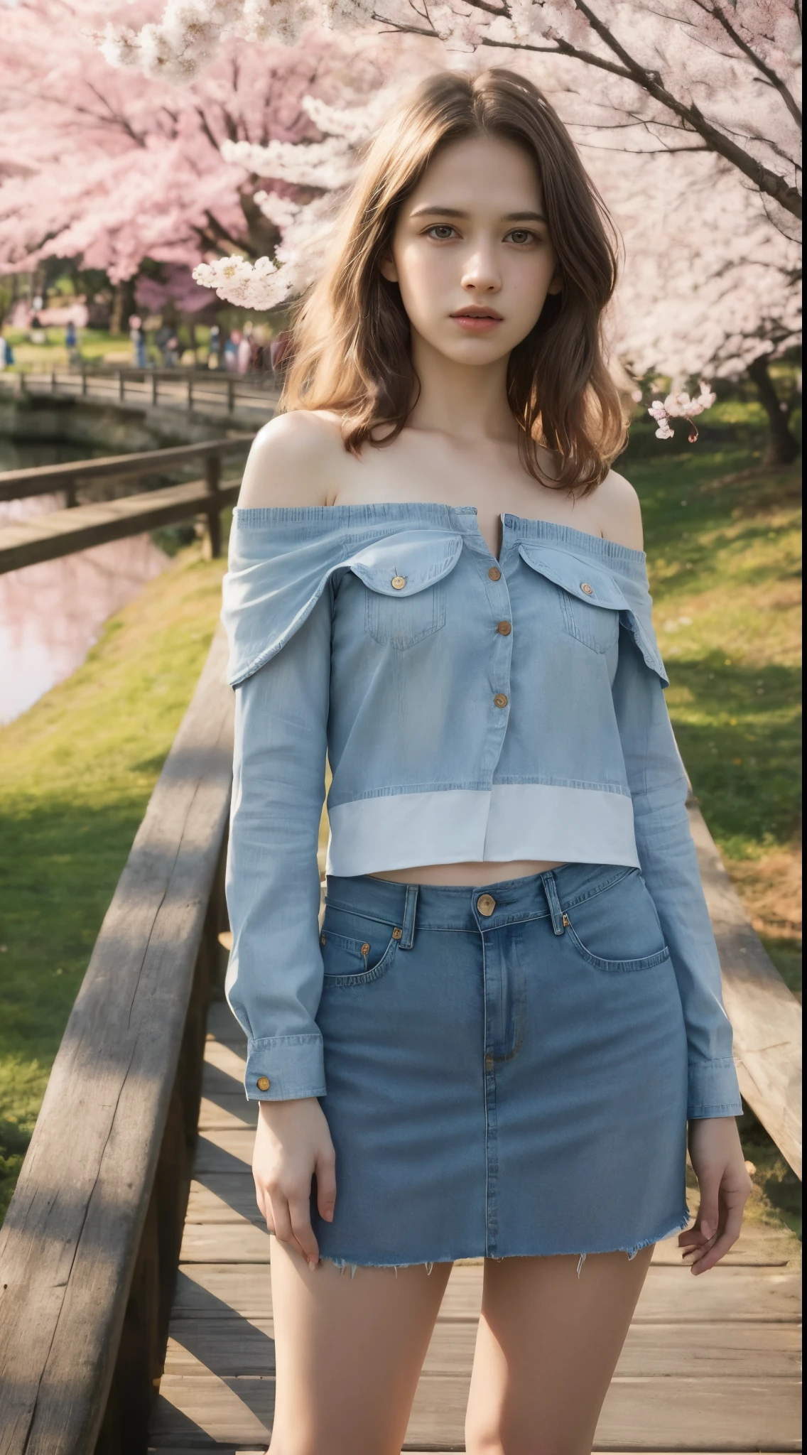 16 year old pre-teen, Finnish, blonde, small breasts, big eyes, long legs, close-up of thighs, off-shoulder blouse, denim skirt, park background, crossing a wooden bridge at the lake, tree, cherry blossom, sunrise, light through fabric, (realistic, photorealistic: 1.37), specular light, ray tracing, HDR