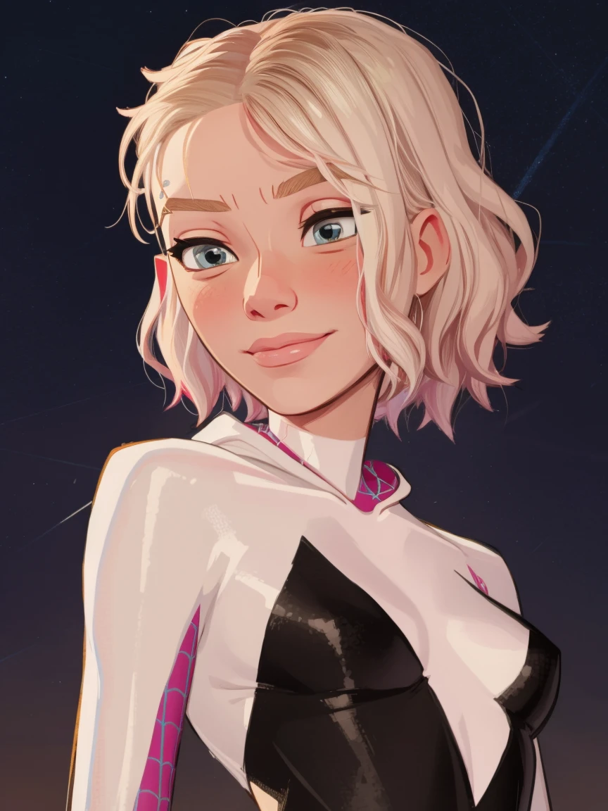 Gwen Stacy as spidergwen, hood, slight smile, night background, stars, gwenstacy