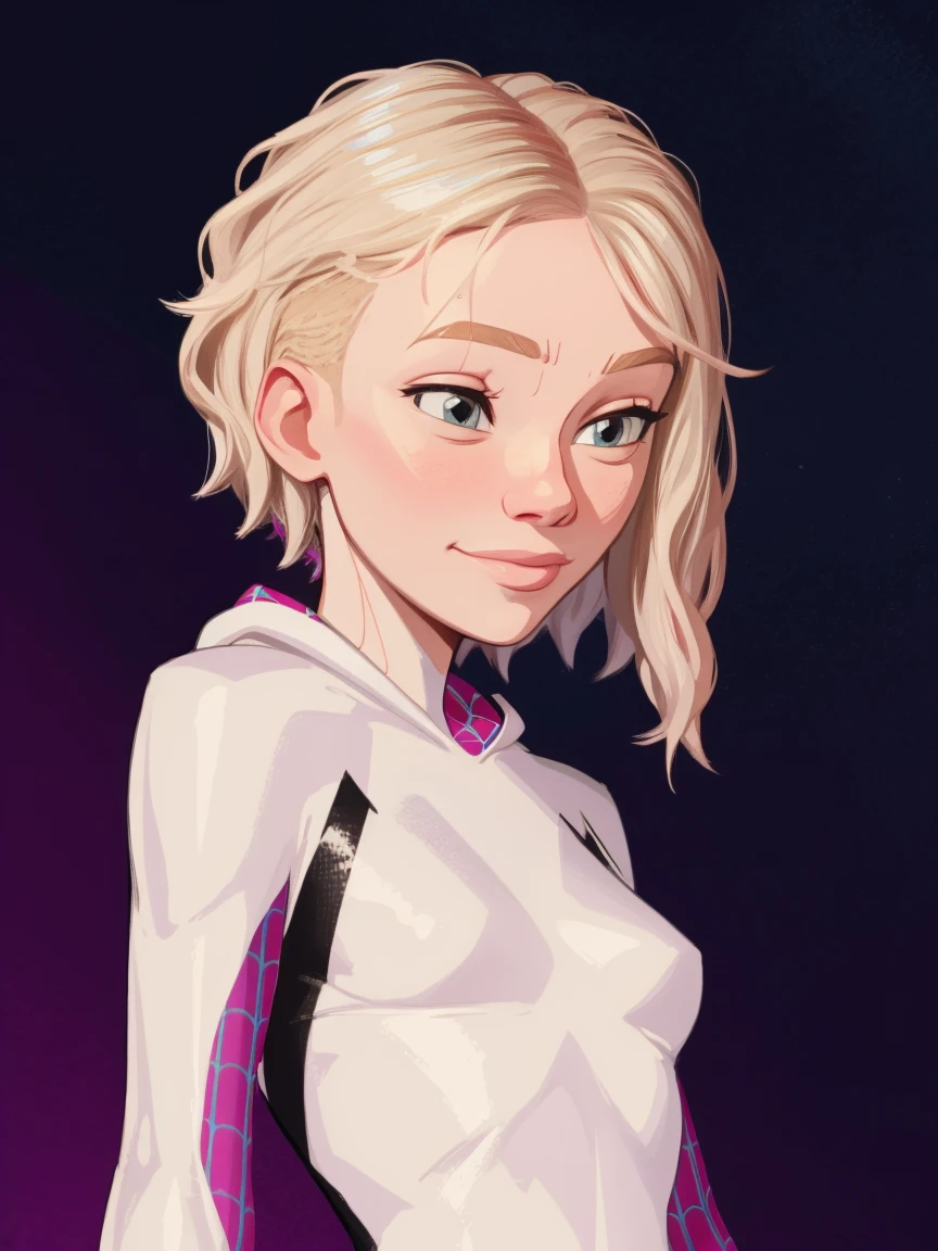 Gwen Stacy as spidergwen, hood, slight smile, night background, stars, gwenstacy