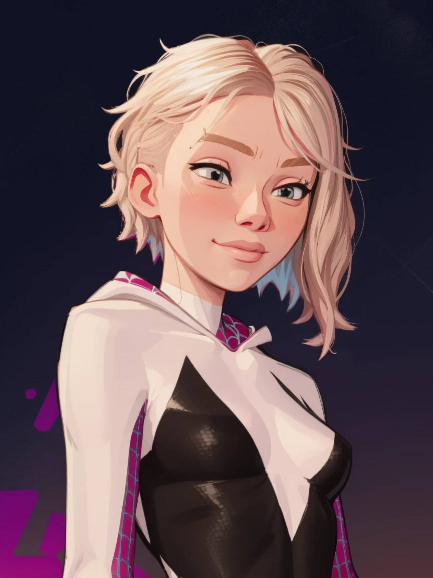 Gwen Stacy as spidergwen, hood, slight smile, night background,  stars, gwenstacy