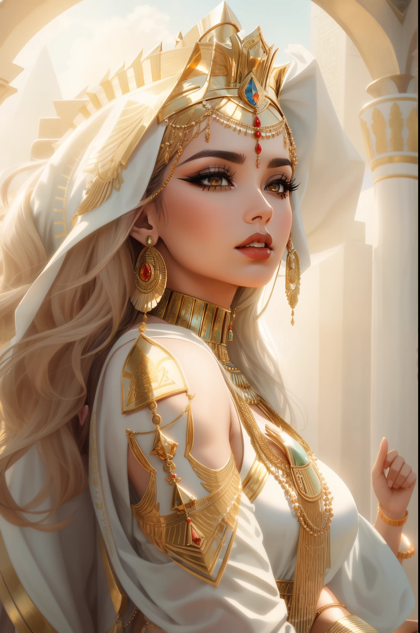 A dynamic and dramatic rendering of a powerful Egyptian queen performing a sacrifice to appease the gods, with her regal attire and fierce expression capturing the attention of all who witness it.