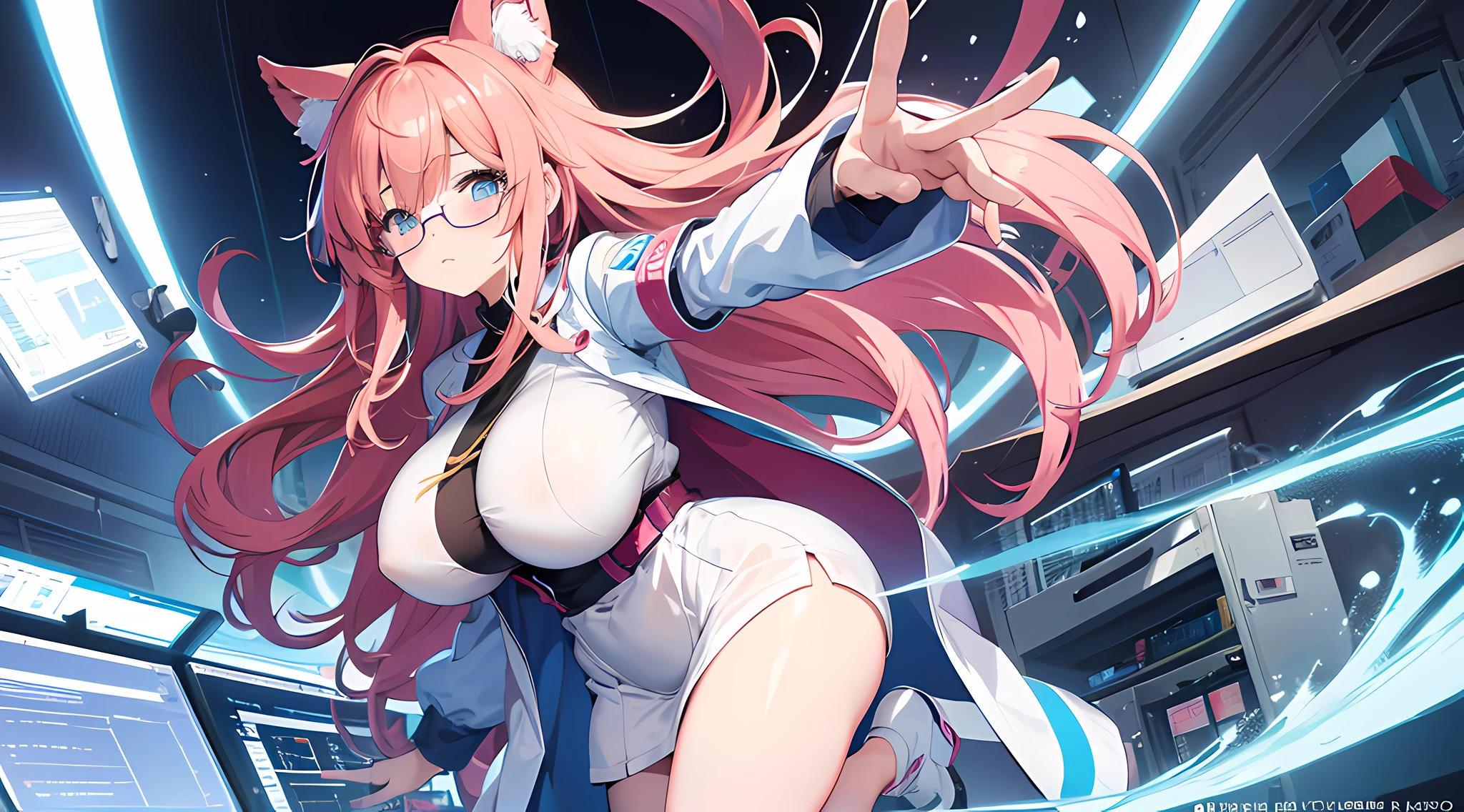 anime girl with big breast posing in a laboratory, beautiful eyes finely detailed, glasses, blush on her face, Hakase, seductive anime girl, smooth anime cg art, oppai, anime moe artstyle, girl in laboratory coat, [ 4 k digital art ]!!, thicc, cute anime waifu in a nice laboratory coat, (sfw) safe for work, fluffy chest, marin kitagawa fanart, attractive anime girl