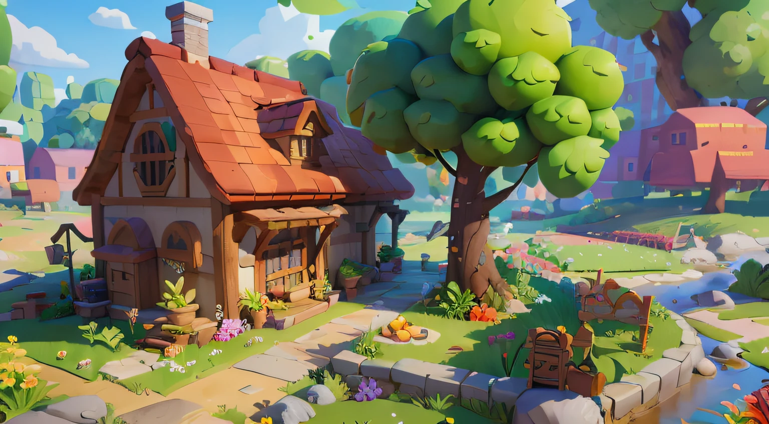 Game architecture design, cartoon, farm, stone, brick, grass, river, flowers, vegetables, wheat, trees, animals, casual play style, 3d, blender, masterpiece, super detail, best quality