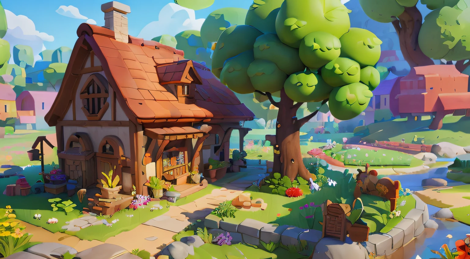 Game architecture design, cartoon, farm, stone, brick, grass, river, flowers, vegetables, wheat, trees, animals, casual play style, 3d, blender, masterpiece, super detail, best quality