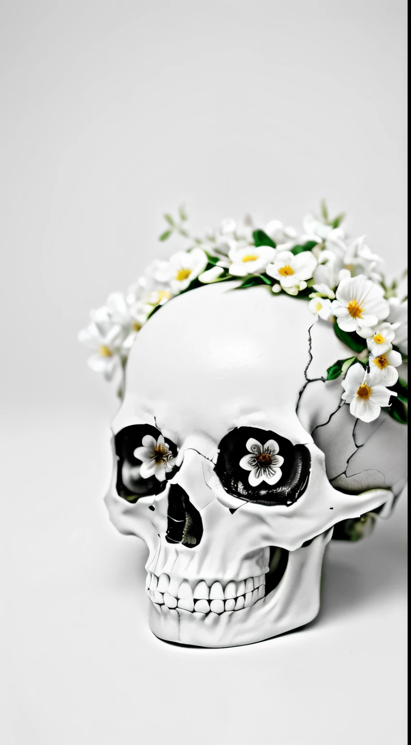 a skull with flowers in the eyes, (skull), detailed petals, vibrant colors, eerie atmosphere, dark background, soft lighting, gothic style, high contrast. (best quality,ultra-detailed,photorealistic), [subtle color palette]