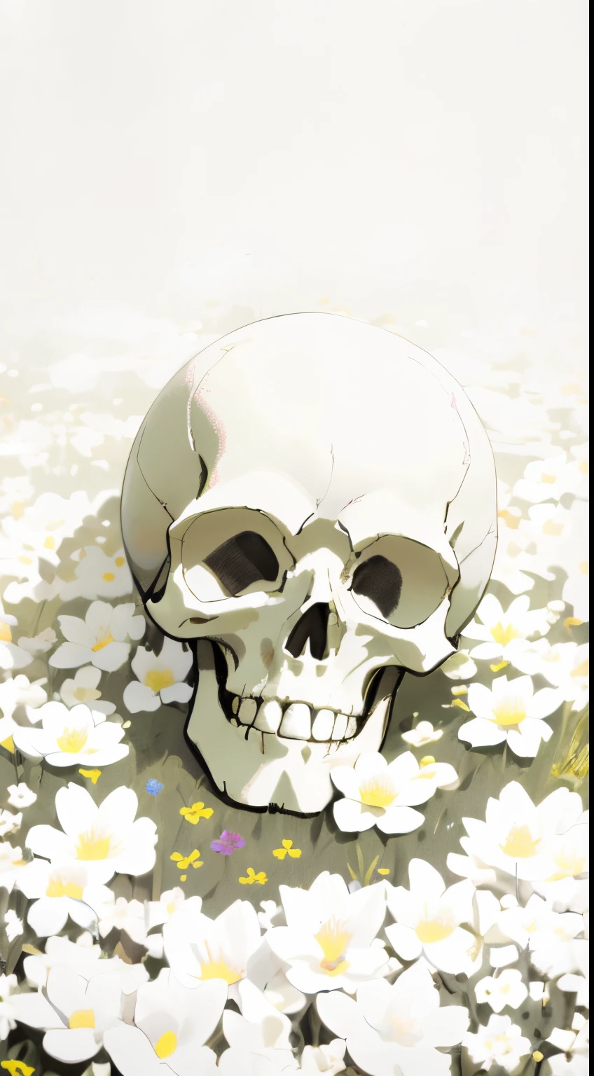 close up on a skull with flowers in the eyes, on a garden, in the grass, (skull), detailed petals, vibrant colors, eerie atmosphere, dark background, soft lighting, gothic style, high contrast. (best quality,ultra-detailed,), [subtle color palette], fantasy,
