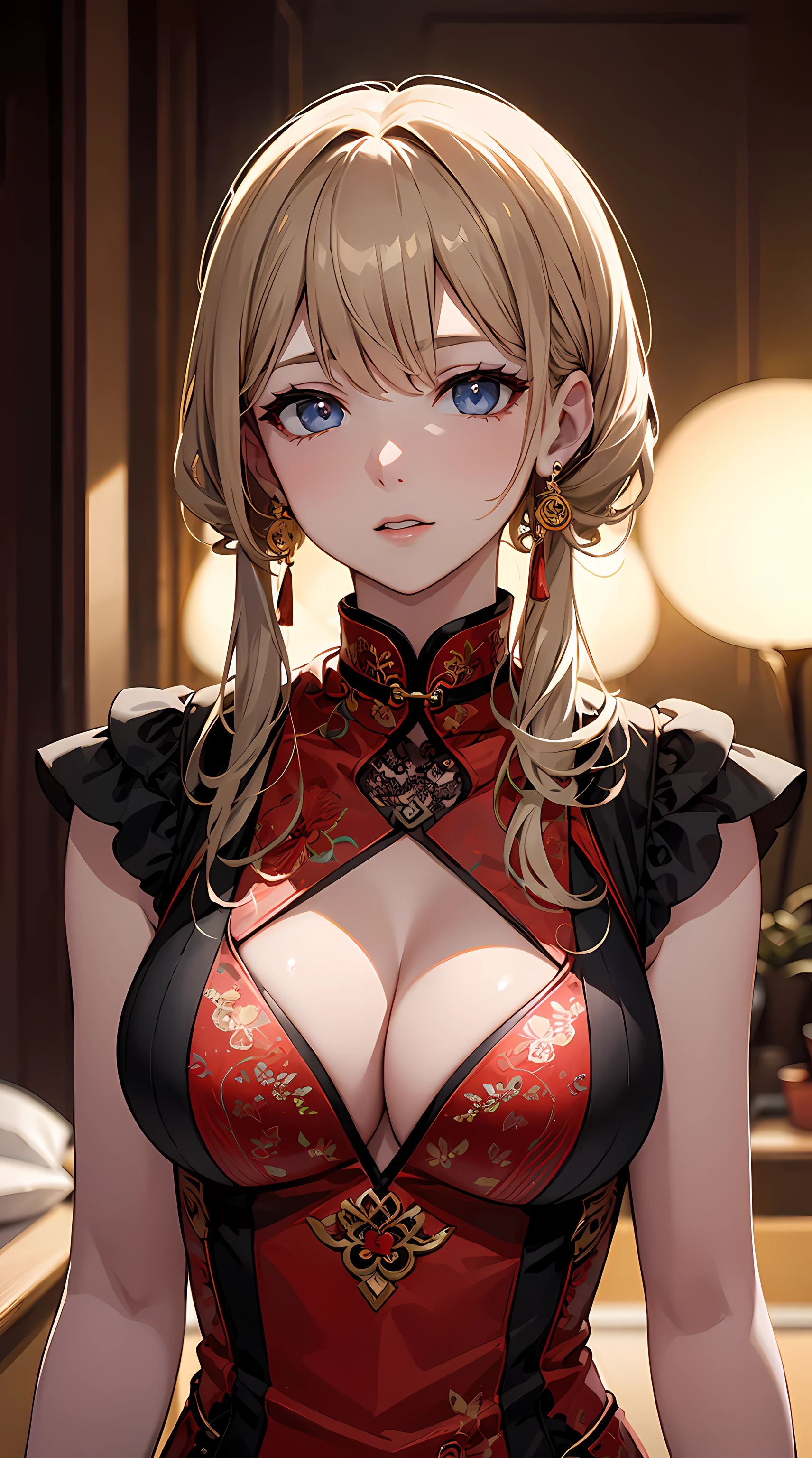 Best quality, tmasterpiece, A high resolution, 1 busty girl,on cheongsam,hair adornments,choker necklace, jewely,Nice face,more than_body, dingdall effect,realistically, dark studio, edge lit, two color lights,(highdetailskin:1.2), 8k ultra high definition, SLR camera, gentlesoftlighting, high high quality, Volumetriclighting, Frankness, photore, A high resolution, 4K, 8K, bokeh,
