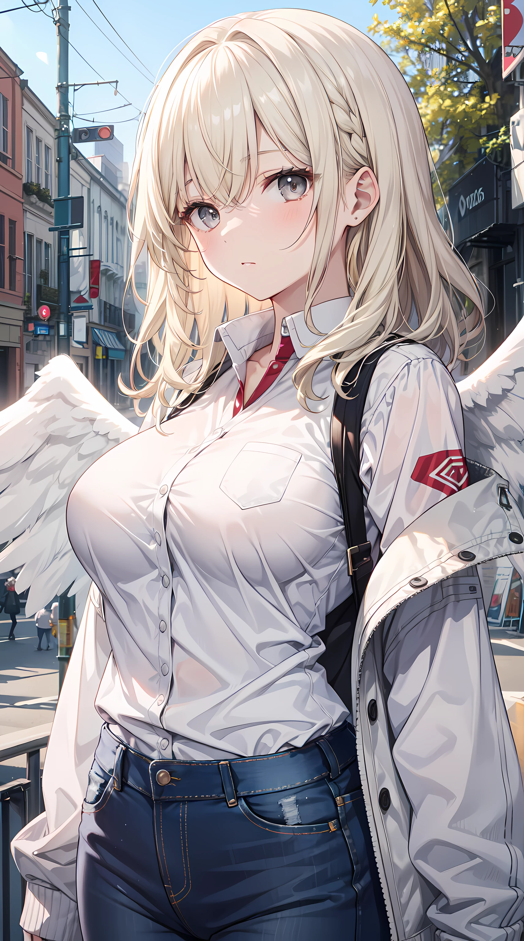 1 busty girl, mediuml breasts, Blonde hair, Long gray hair, curlies, Has gray eyes, White feathered wings, Angelic, Outdoor sports, White jacket, collars, vests, denim pant