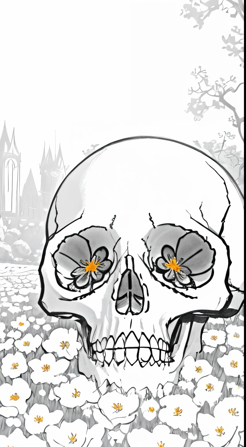 close up on a skull with flowers in the eyes,, (flowers in the eyes) on a garden, in the grass, (skull), detailed petals, vibrant colors, eerie atmosphere, dark background, soft lighting, gothic style, high contrast. (best quality,ultra-detailed,), [subtle color palette], fantasy,